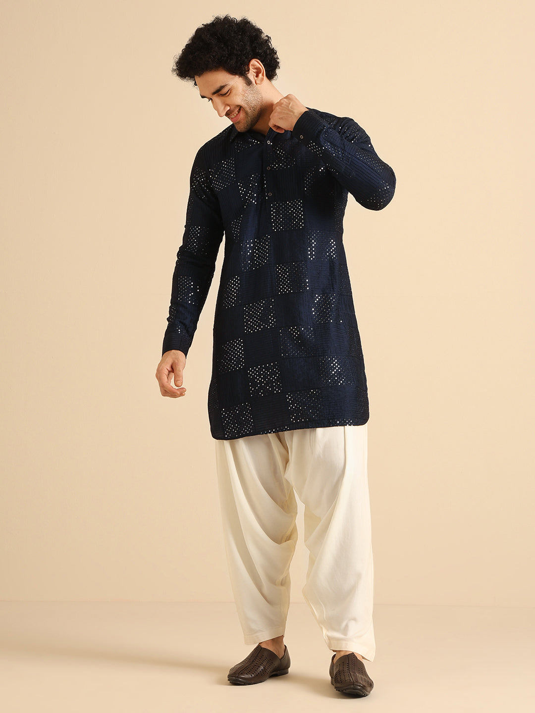 Blue Silk Blend Textured Embroidered Pathani Kurta Patiyala Set