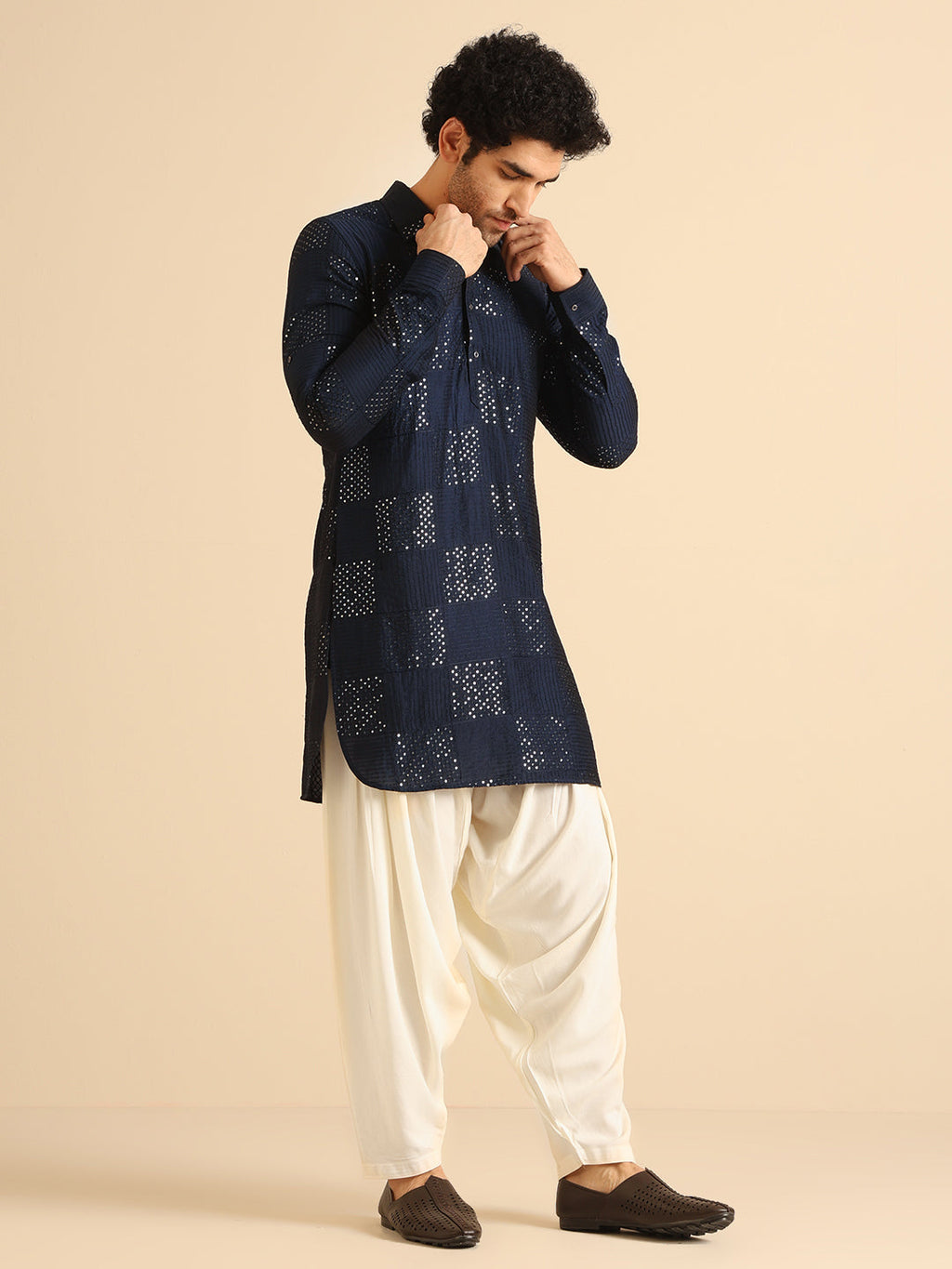 Blue Silk Blend Textured Embroidered Pathani Kurta Patiyala Set