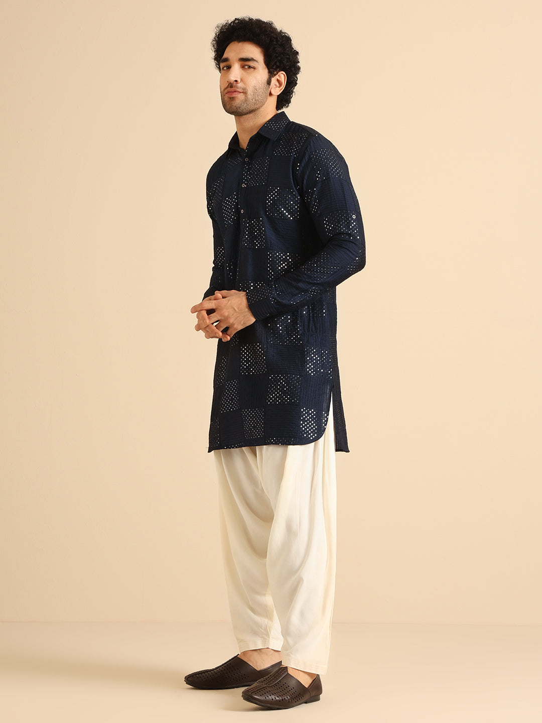 Blue Silk Blend Textured Embroidered Pathani Kurta Patiyala Set