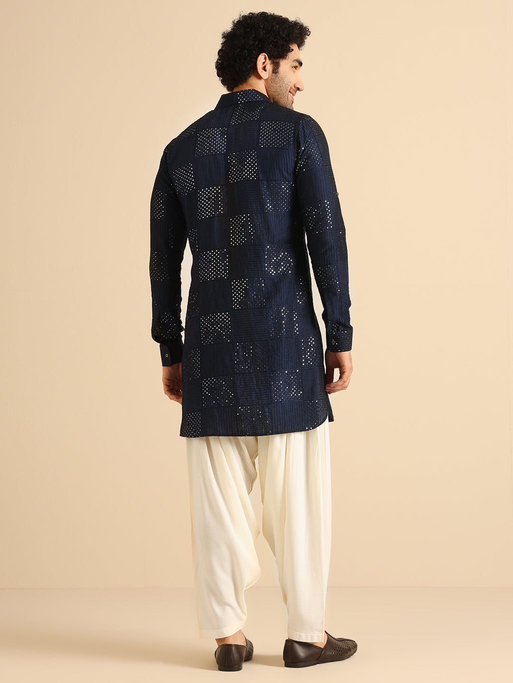 Blue Silk Blend Textured Embroidered Pathani Kurta Patiyala Set
