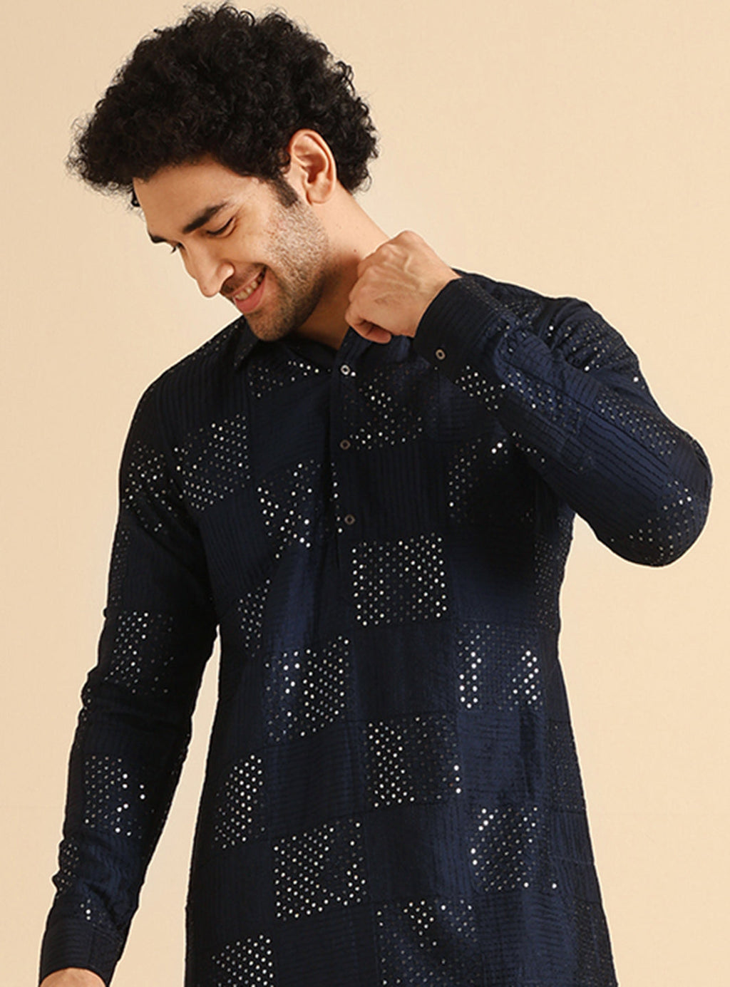 Blue Silk Blend Textured Embroidered Pathani Kurta Patiyala Set
