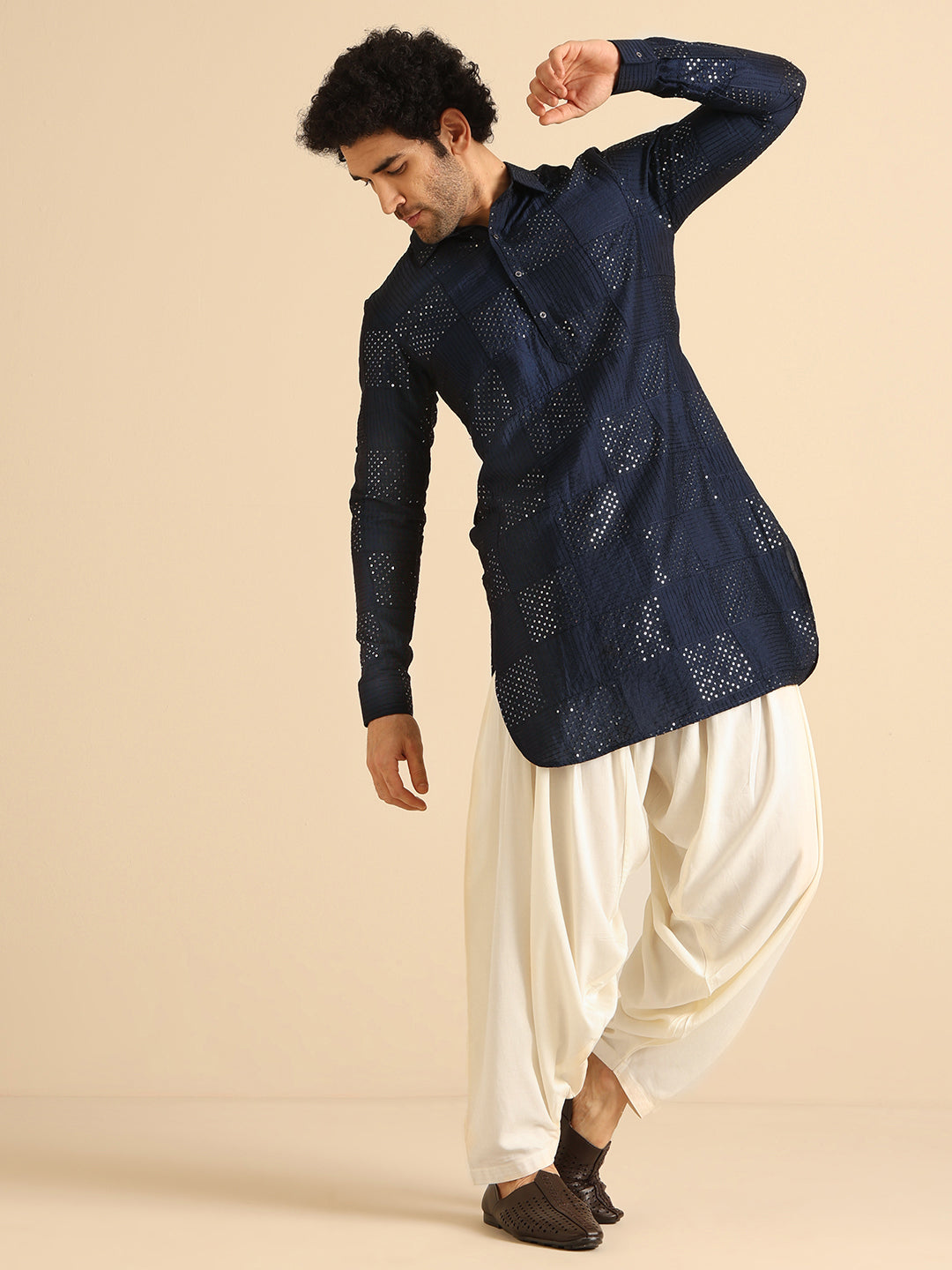 Blue Silk Blend Textured Embroidered Pathani Kurta Patiyala Set
