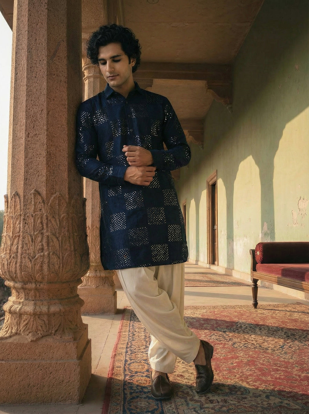 Blue Silk Blend Textured Embroidered Pathani Kurta Patiyala Set