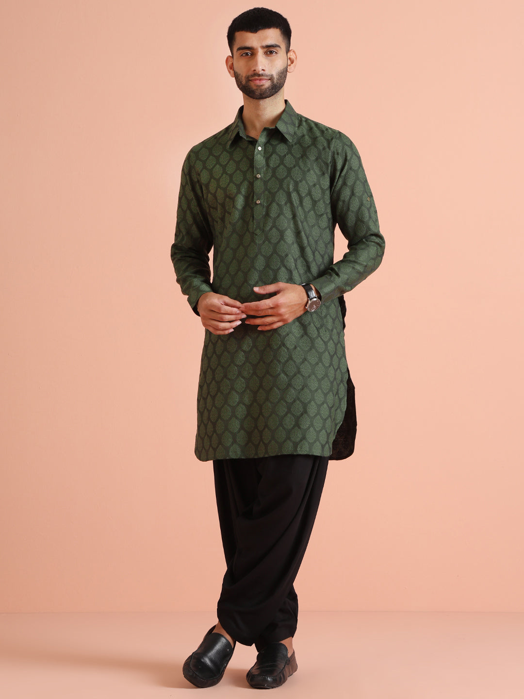 Green Silk Blend Self Design Pathani Kurta Patiyala Set