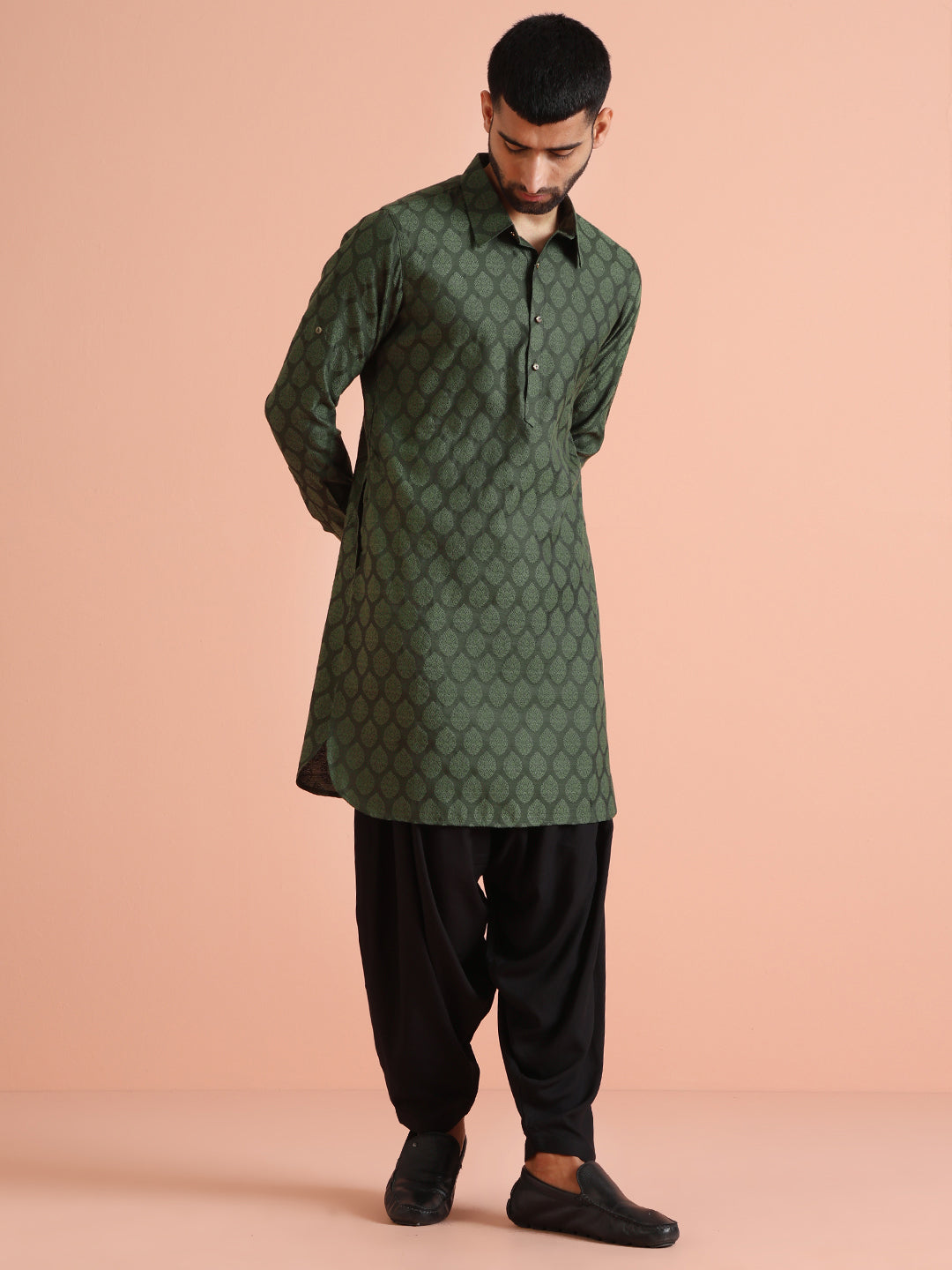 Green Silk Blend Self Design Pathani Kurta Patiyala Set