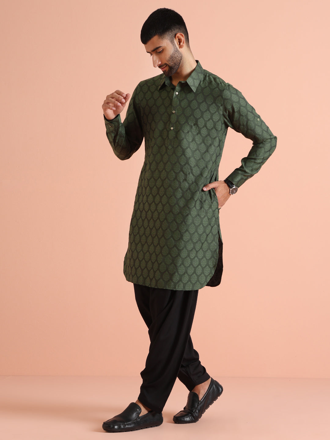 Green Silk Blend Self Design Pathani Kurta Patiyala Set