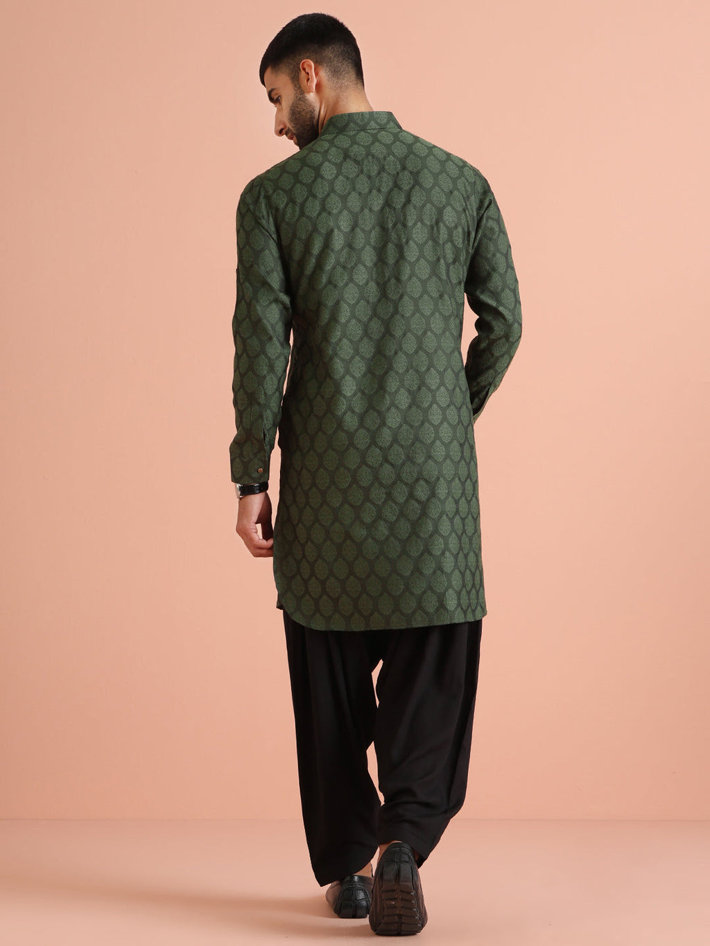 Green Silk Blend Self Design Pathani Kurta Patiyala Set