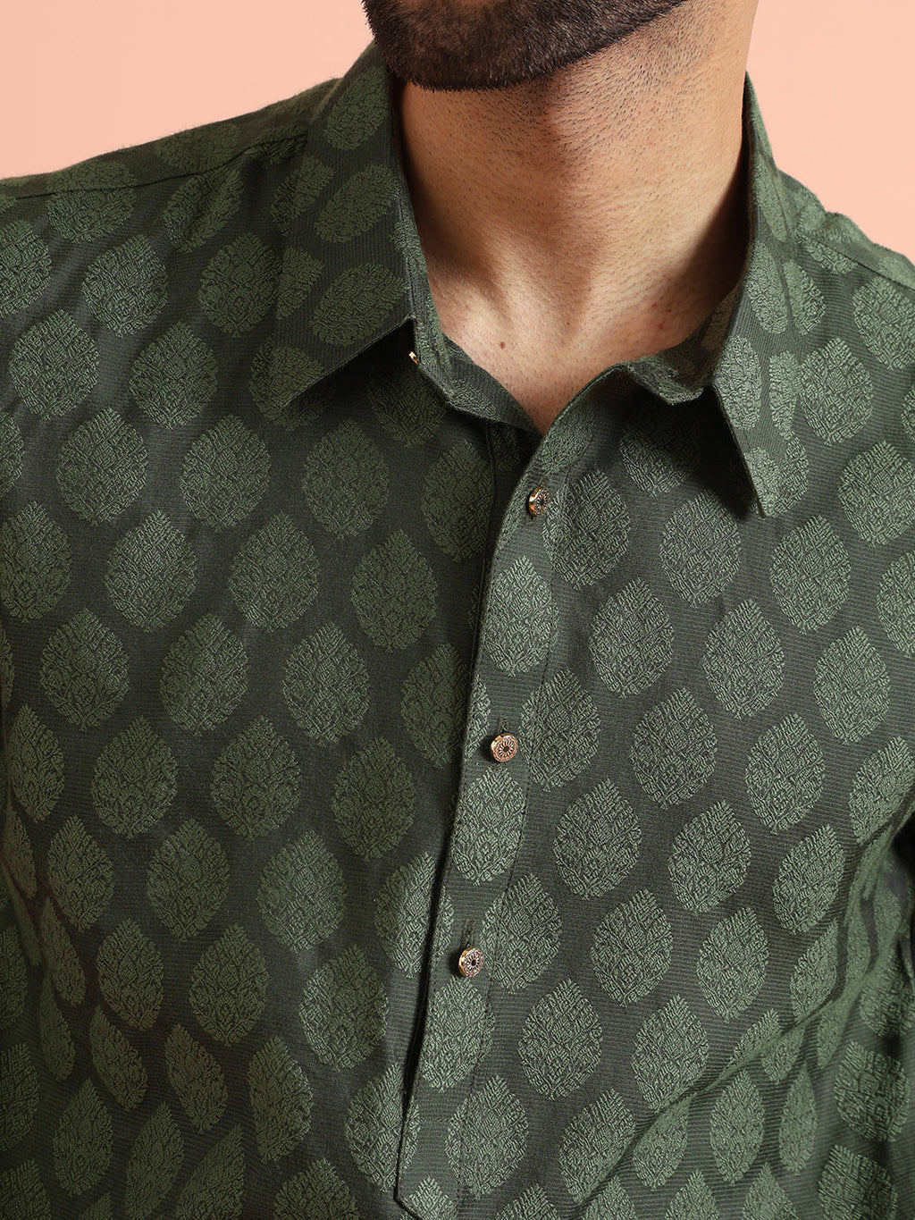 Green Silk Blend Self Design Pathani Kurta Patiyala Set