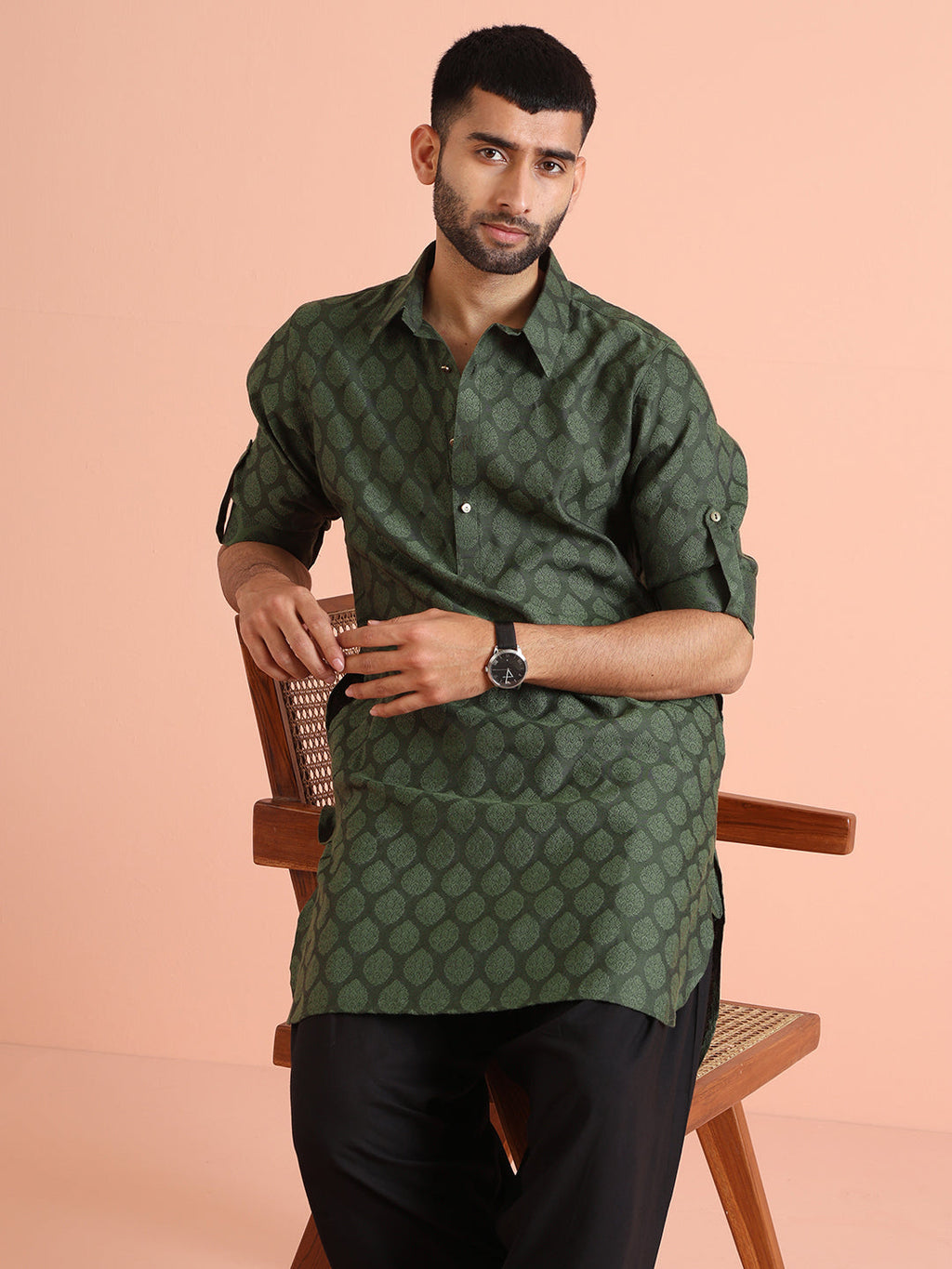 Green Silk Blend Self Design Pathani Kurta Patiyala Set