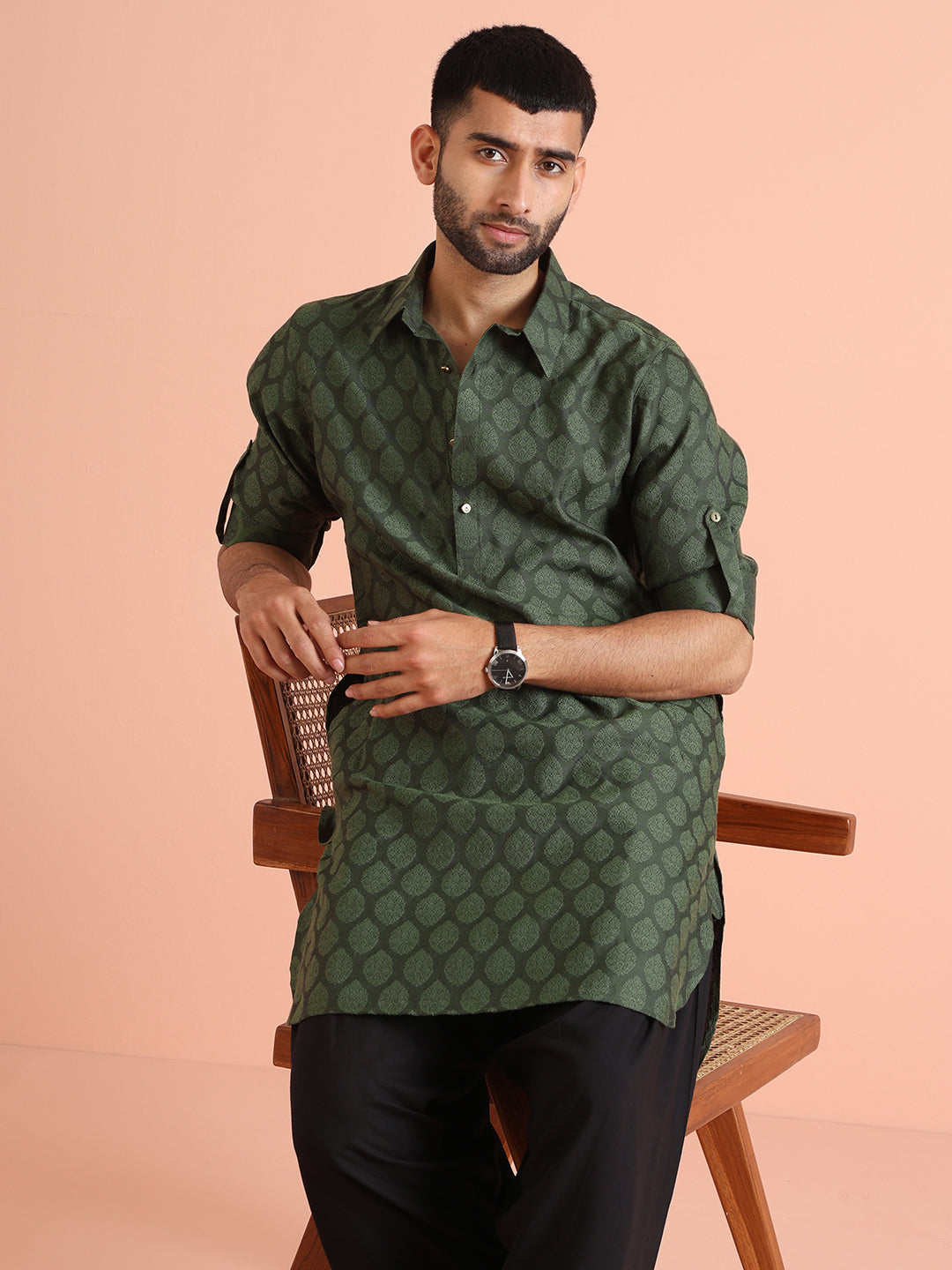 Green Silk Blend Self Design Pathani Kurta Patiyala Set