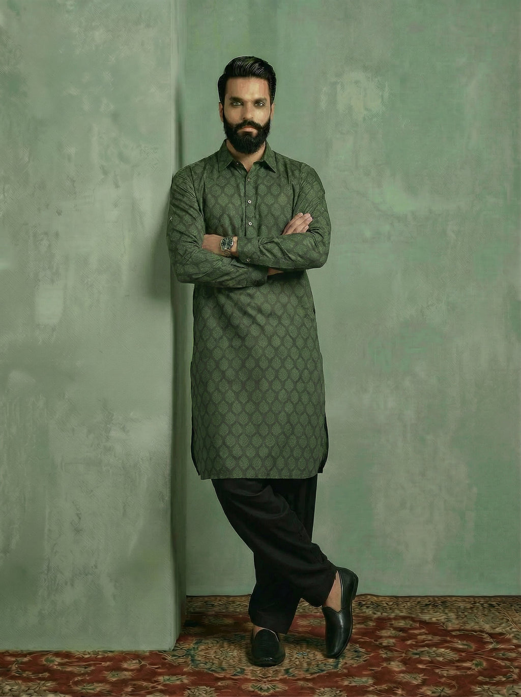 Green Silk Blend Self Design Pathani Kurta Patiyala Set