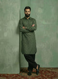 Green Silk Blend Self Design Pathani Kurta Patiyala Set