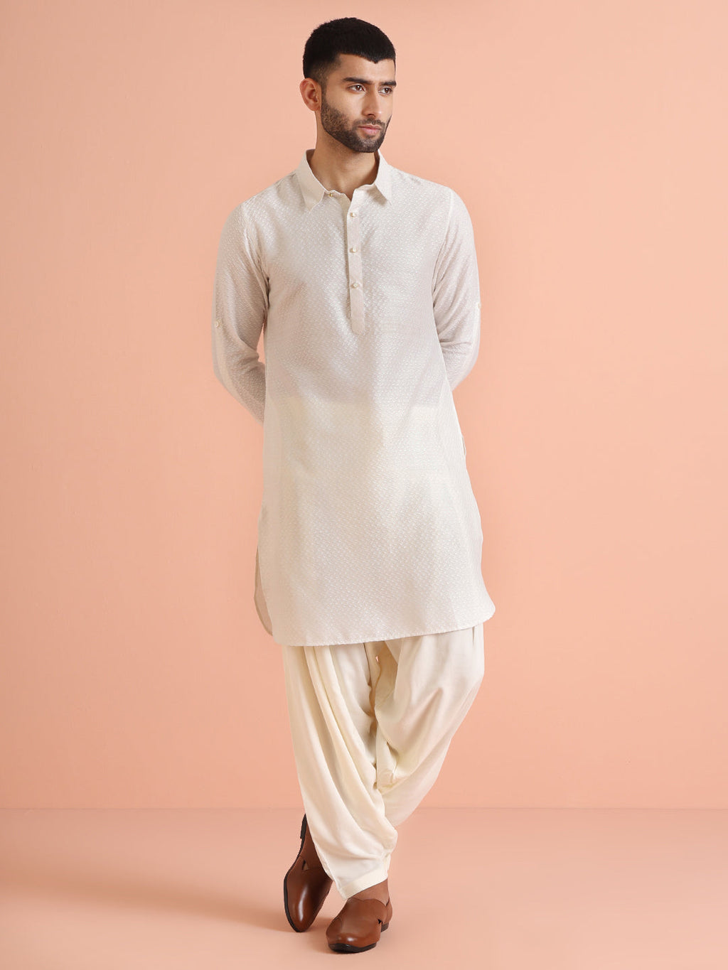 White Silk Blend Jacquard Pathani Kurta Patiyala Set