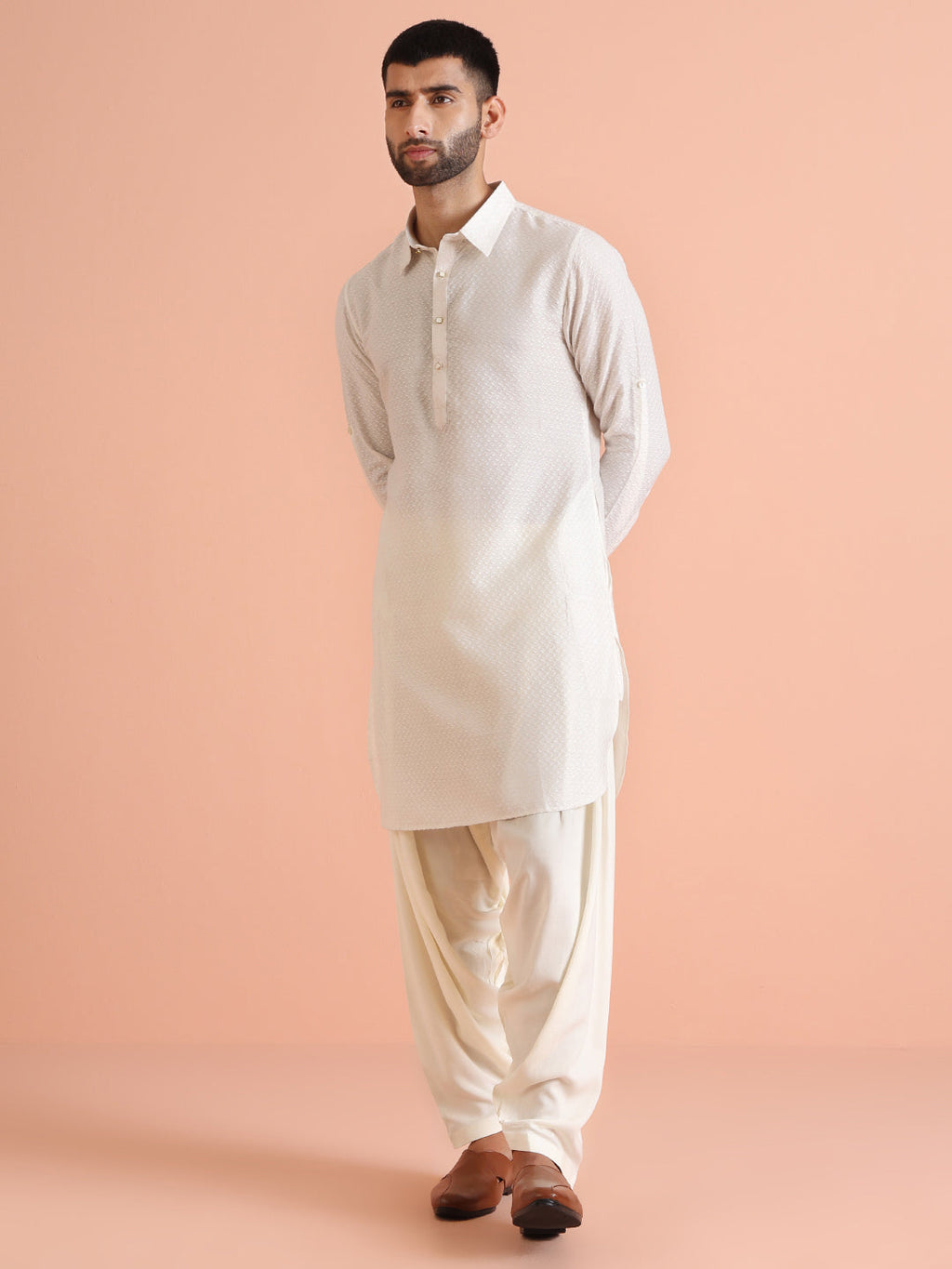White Silk Blend Jacquard Pathani Kurta Patiyala Set