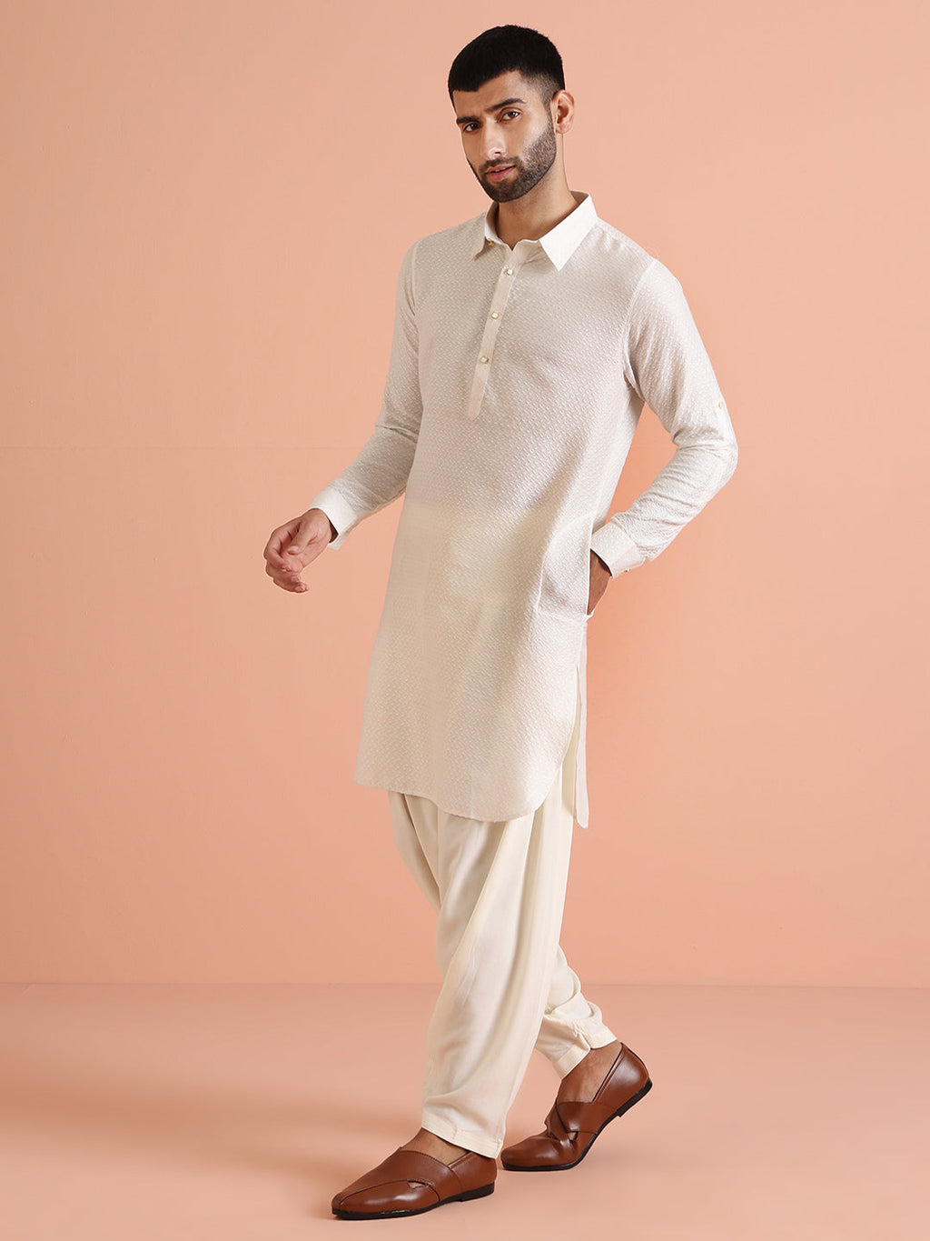 White Silk Blend Jacquard Pathani Kurta Patiyala Set