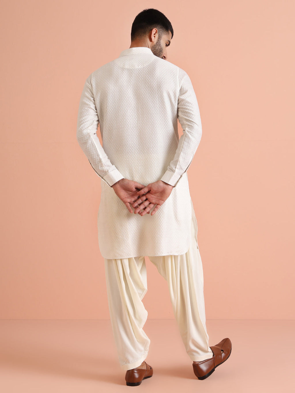 White Silk Blend Jacquard Pathani Kurta Patiyala Set