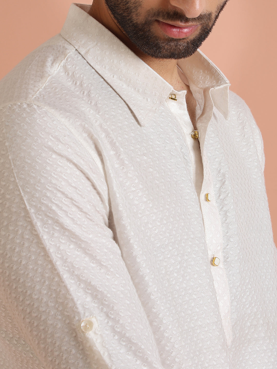 White Silk Blend Jacquard Pathani Kurta Patiyala Set