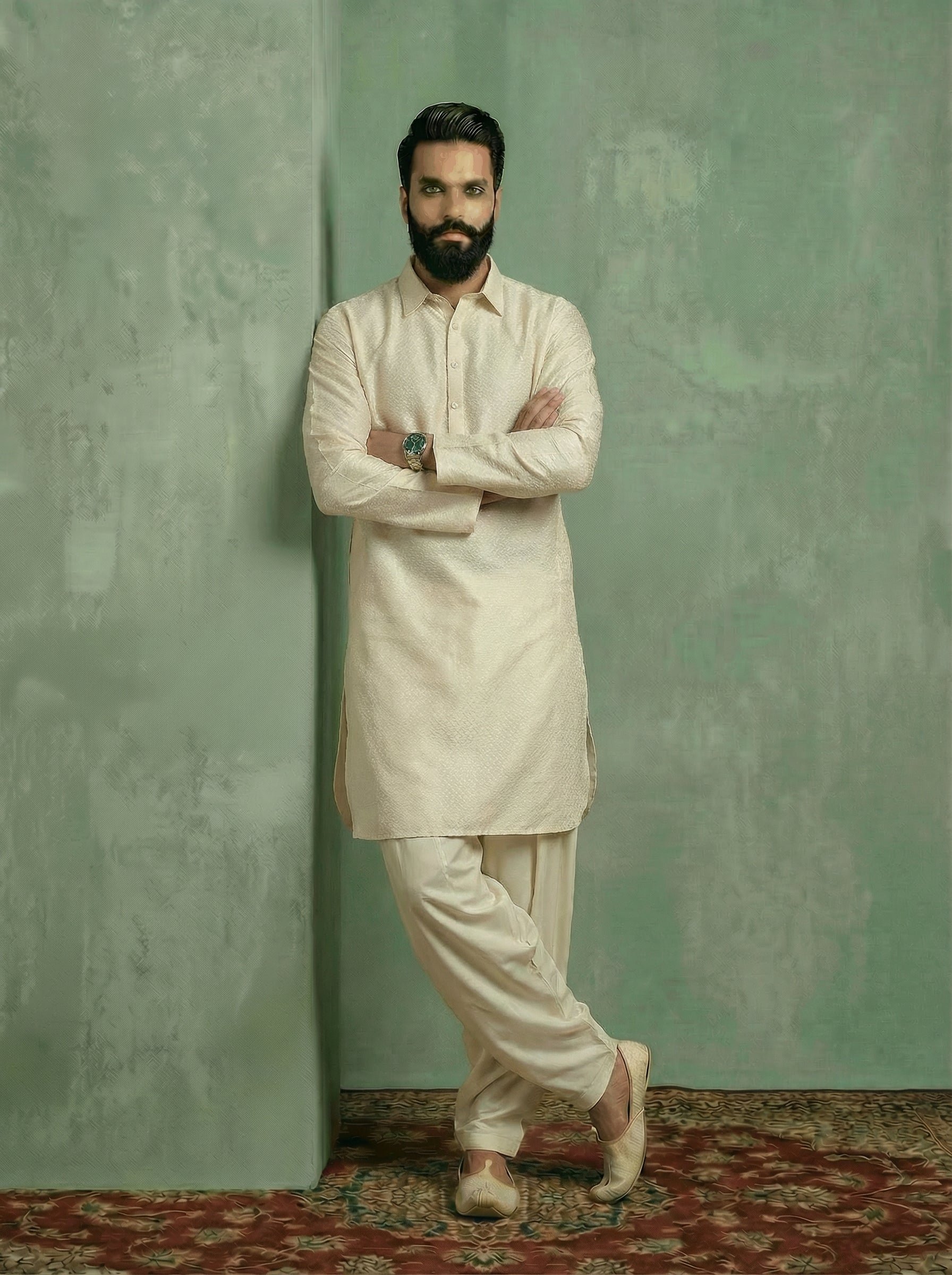White Silk Blend Jacquard Pathani Kurta Patiyala Set
