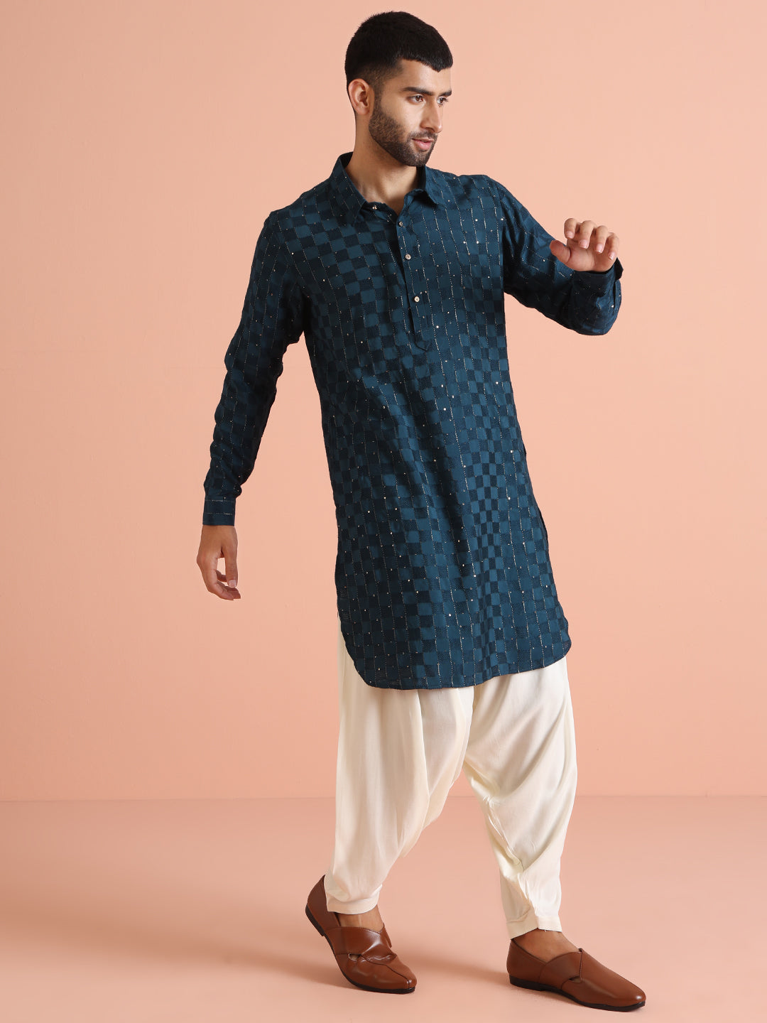 Blue Silk Blend Embellished Pathani Kurta Patiyala Set