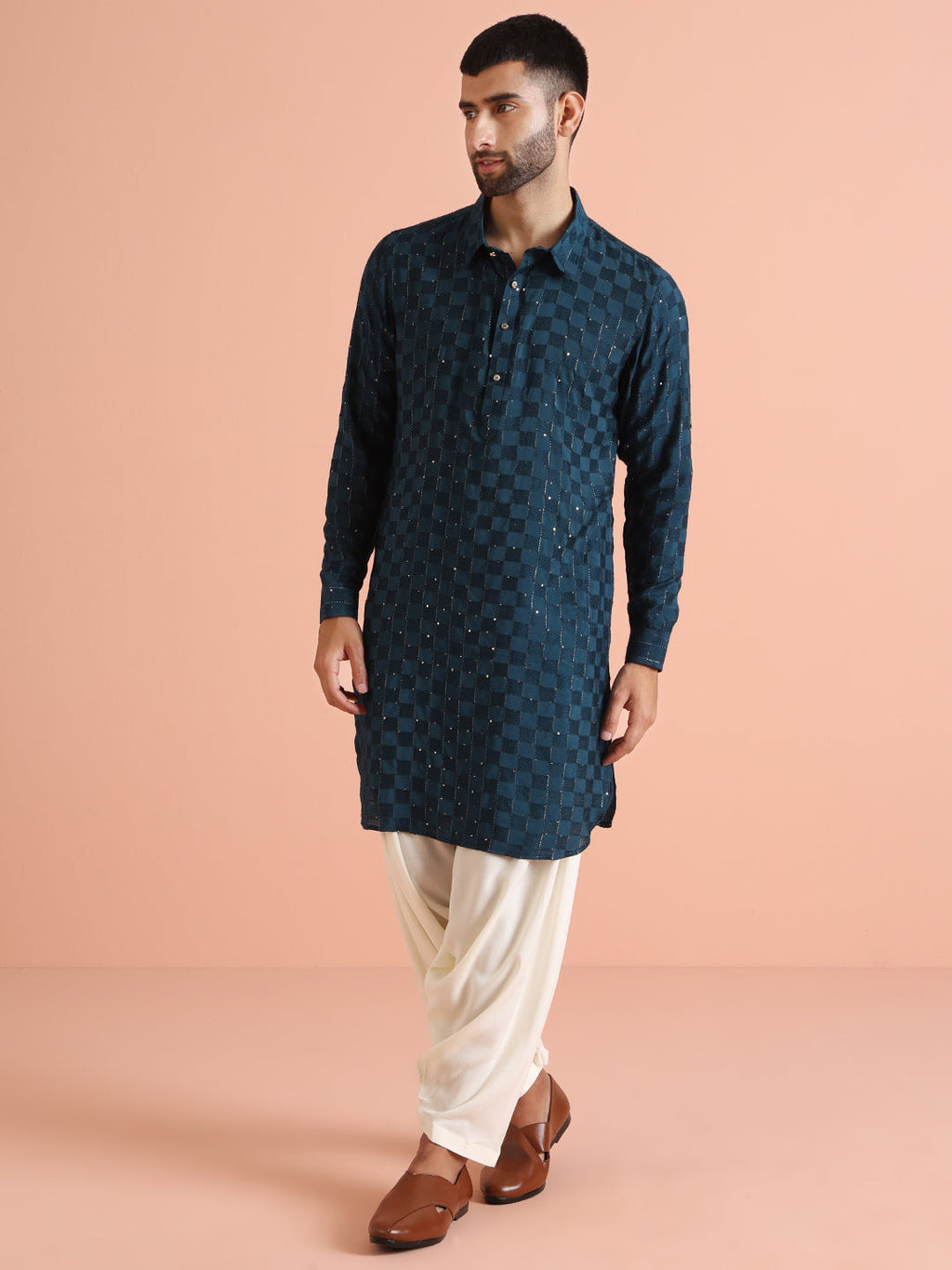 Blue Silk Blend Embellished Pathani Kurta Patiyala Set