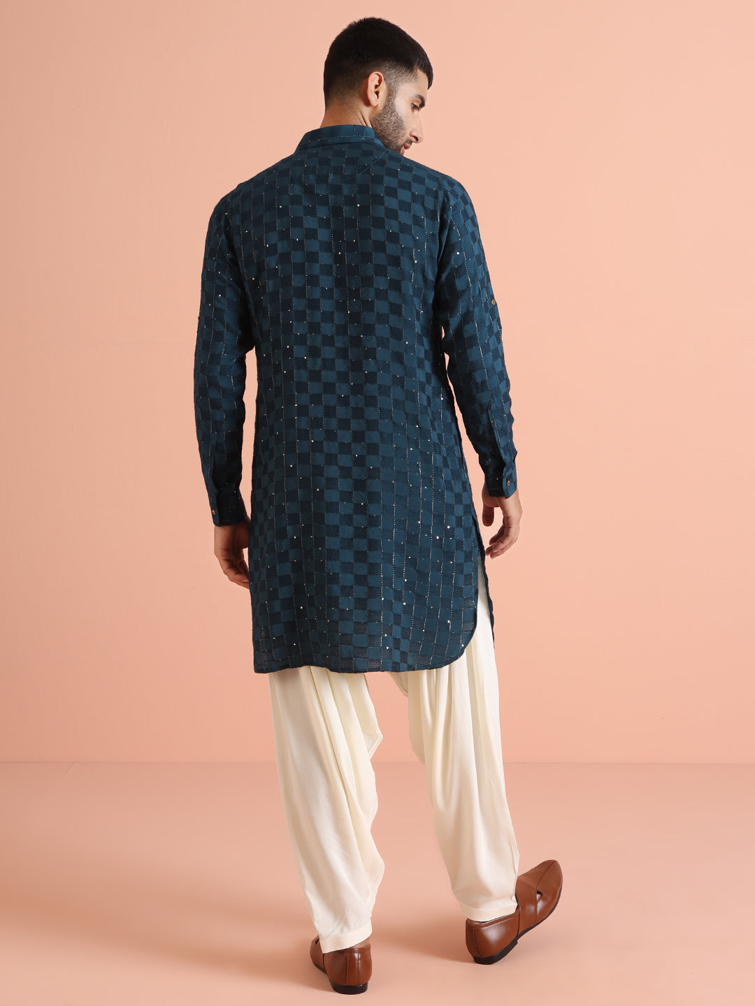 Blue Silk Blend Embellished Pathani Kurta Patiyala Set