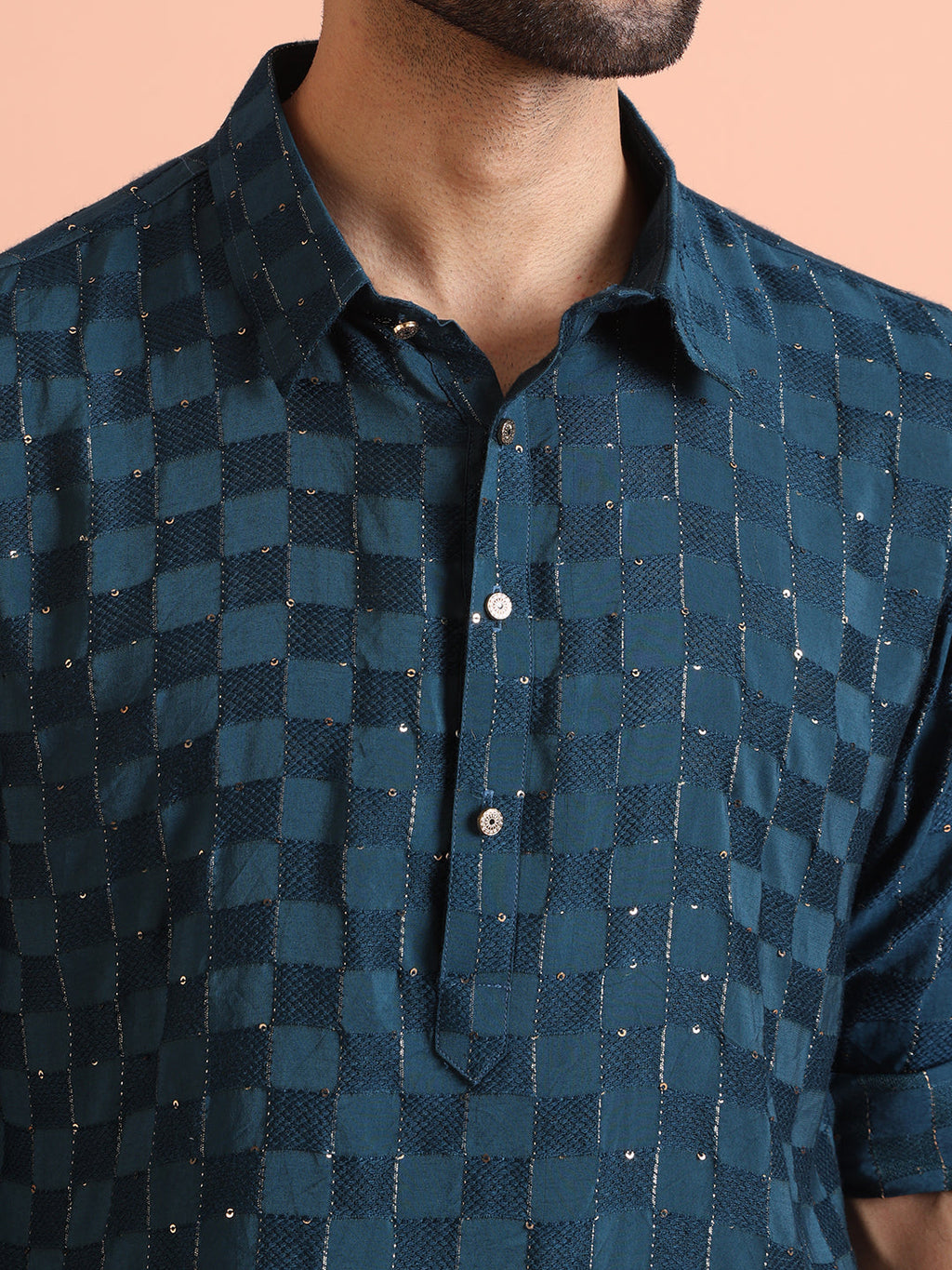 Blue Silk Blend Embellished Pathani Kurta Patiyala Set