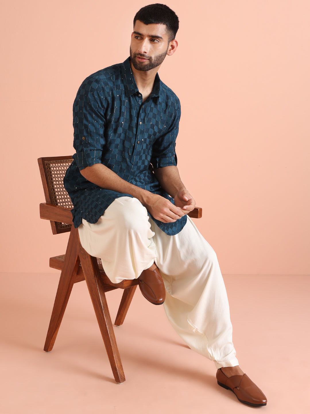 Blue Silk Blend Embellished Pathani Kurta Patiyala Set