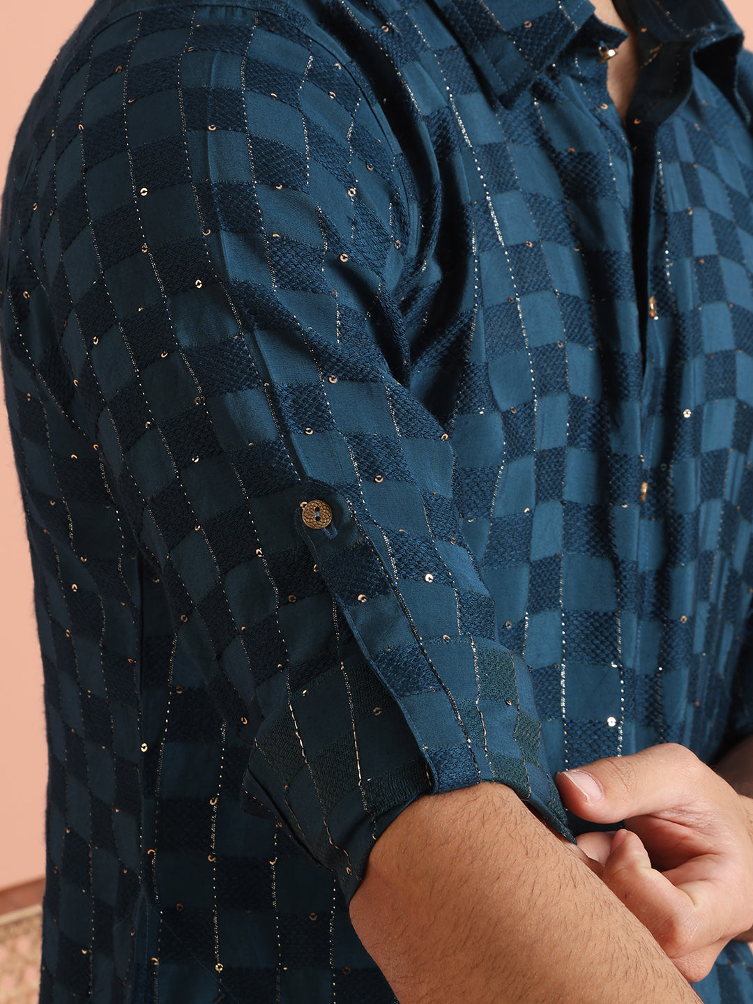 Blue Silk Blend Embellished Pathani Kurta Patiyala Set