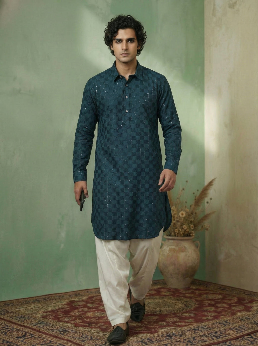 Blue Silk Blend Embellished Pathani Kurta Patiyala Set