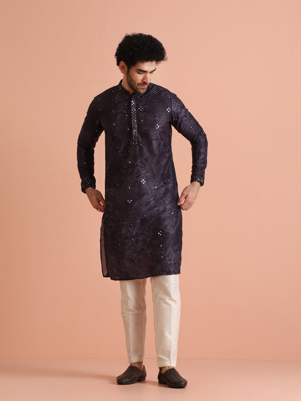 Black Silk Blend Mirror Work Kurta Trouser Set