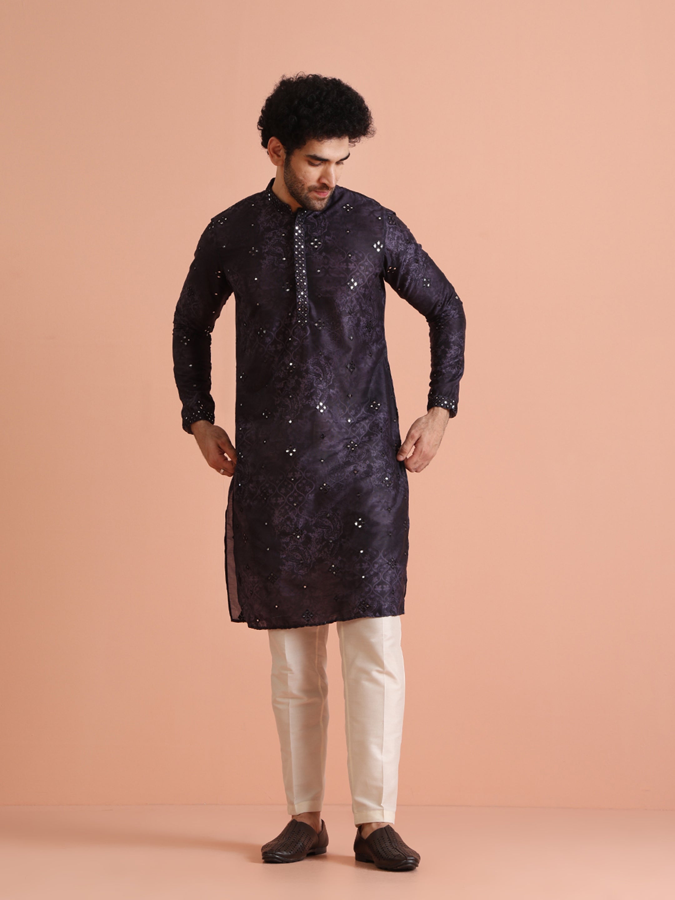 Black Silk Blend Mirror Work Kurta Trouser Set