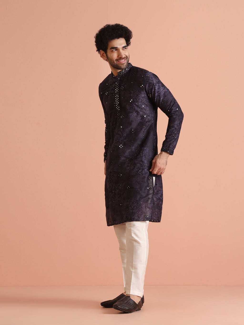 Black Silk Blend Mirror Work Kurta Trouser Set