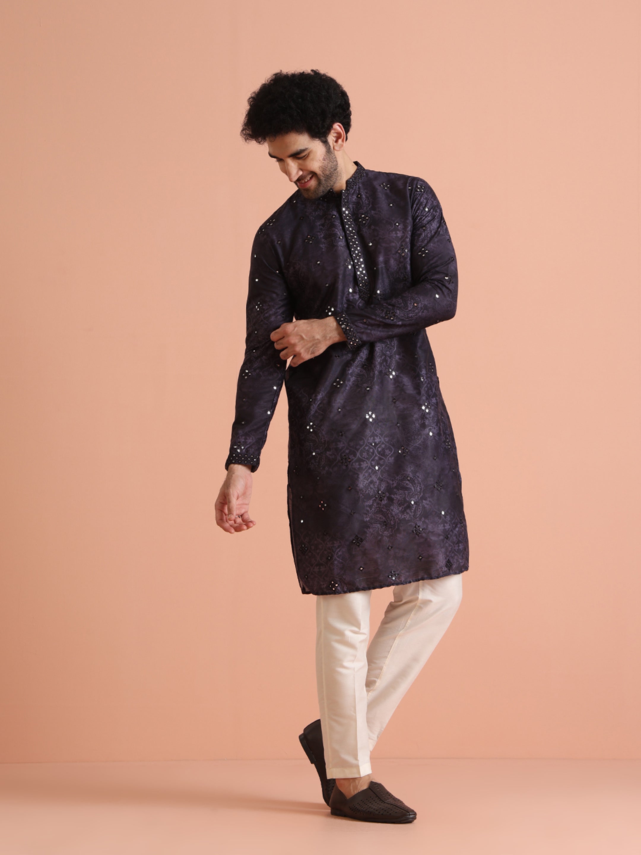 Black Silk Blend Mirror Work Kurta Trouser Set