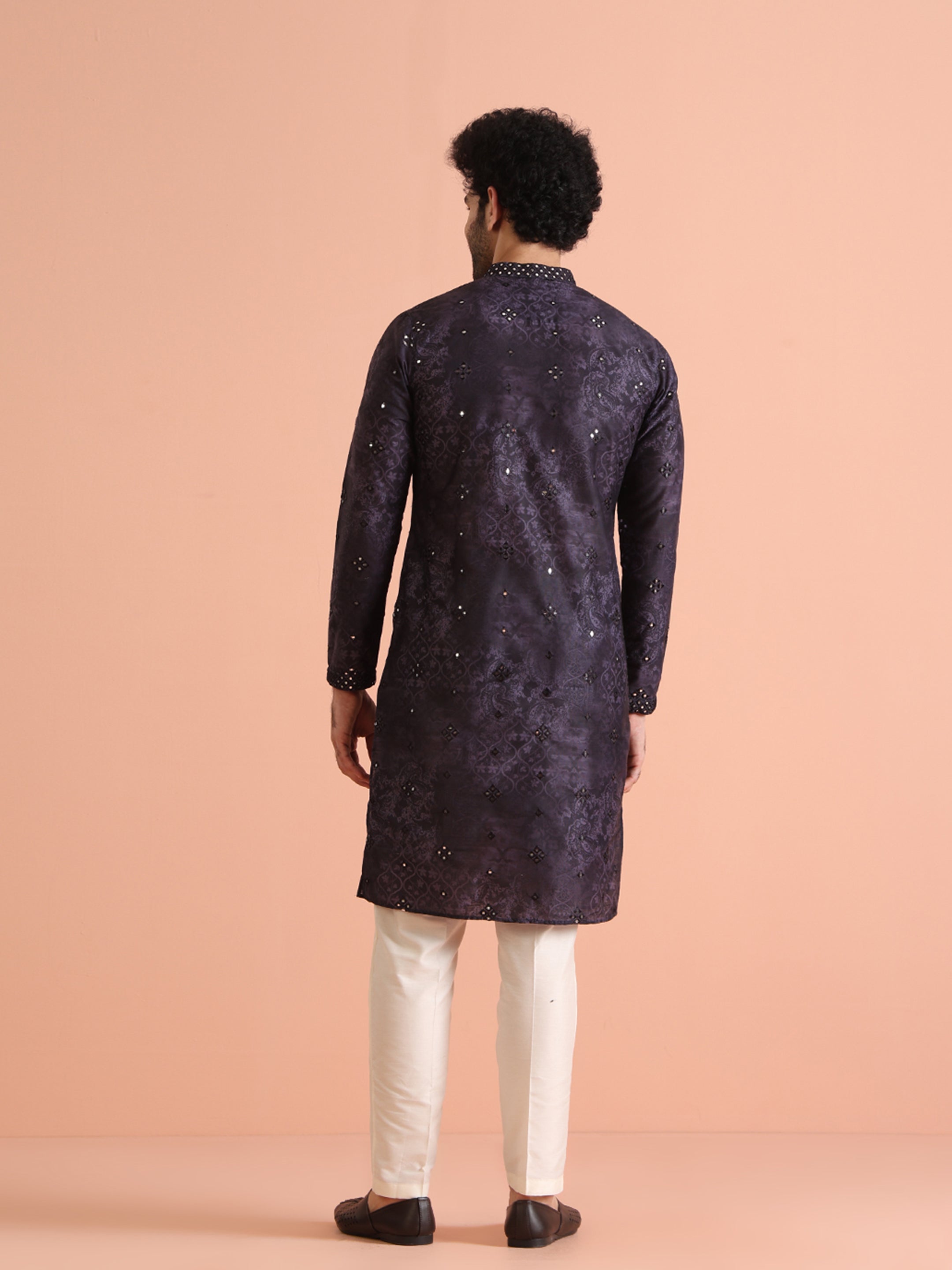 Black Silk Blend Mirror Work Kurta Trouser Set