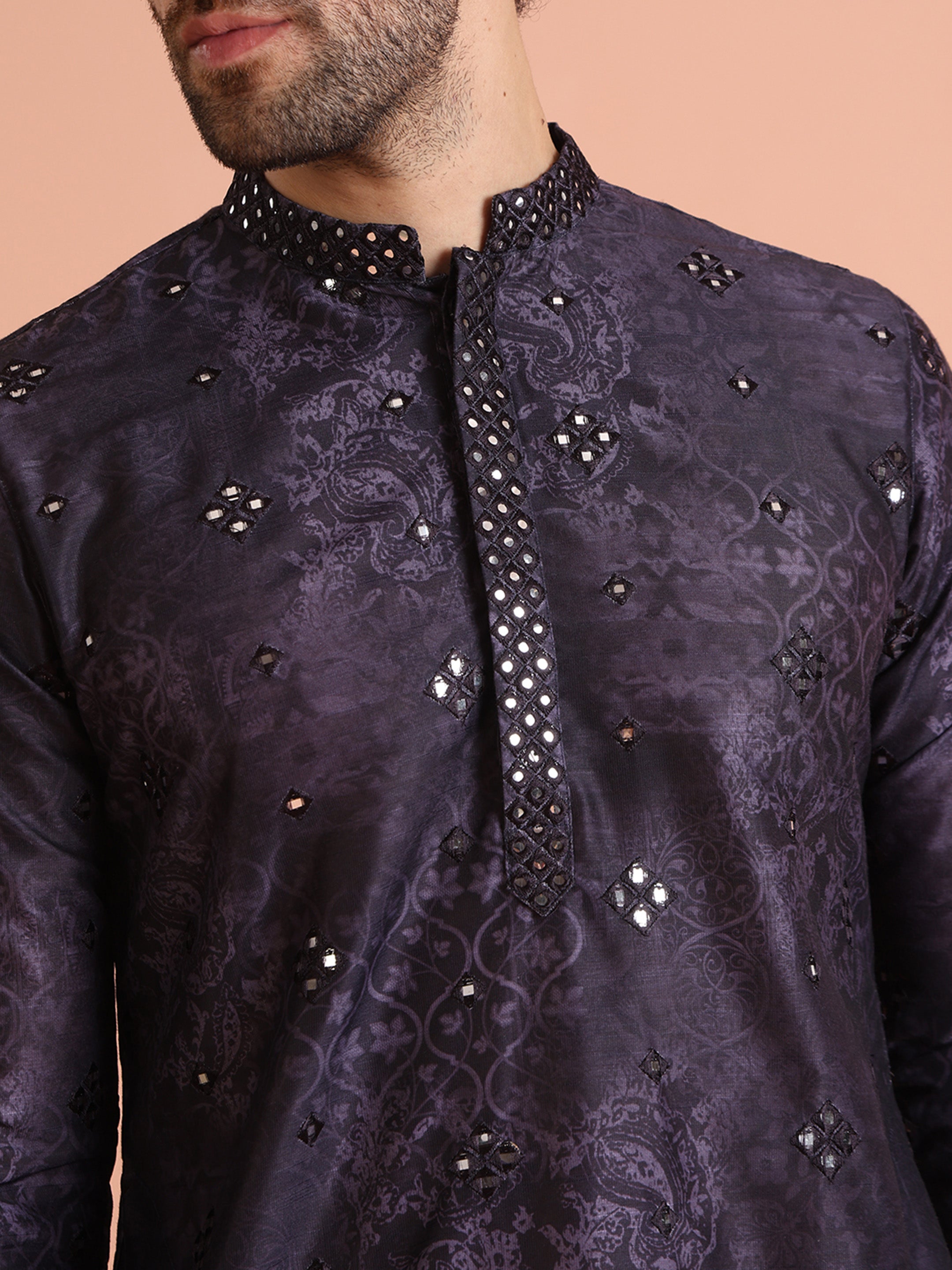 Black Silk Blend Mirror Work Kurta Trouser Set