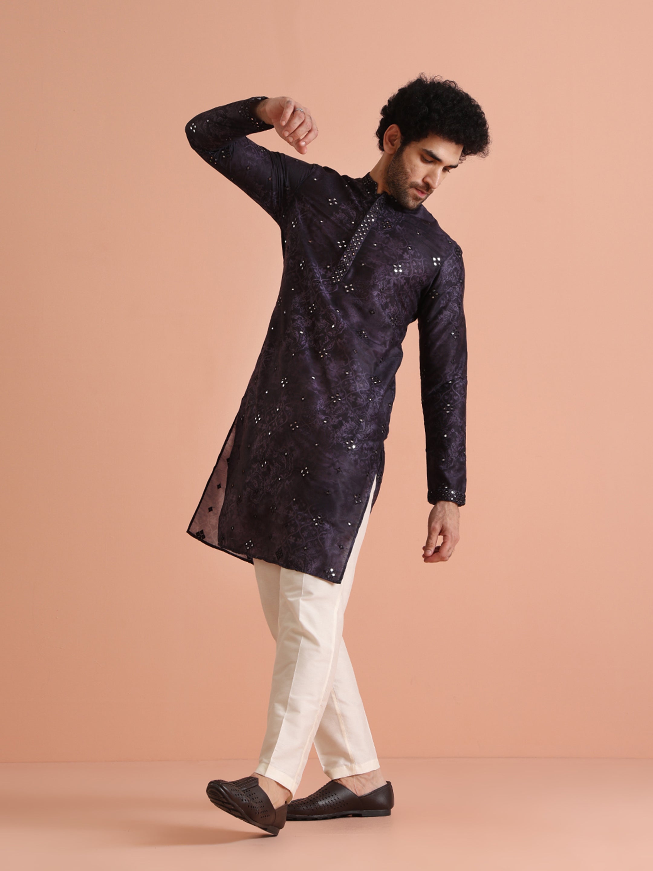 Black Silk Blend Mirror Work Kurta Trouser Set