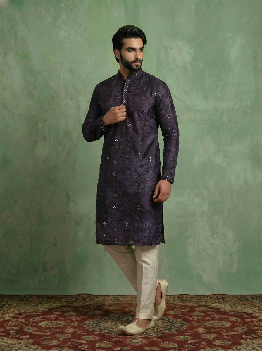 Black Silk Blend Mirror Work Kurta Trouser Set