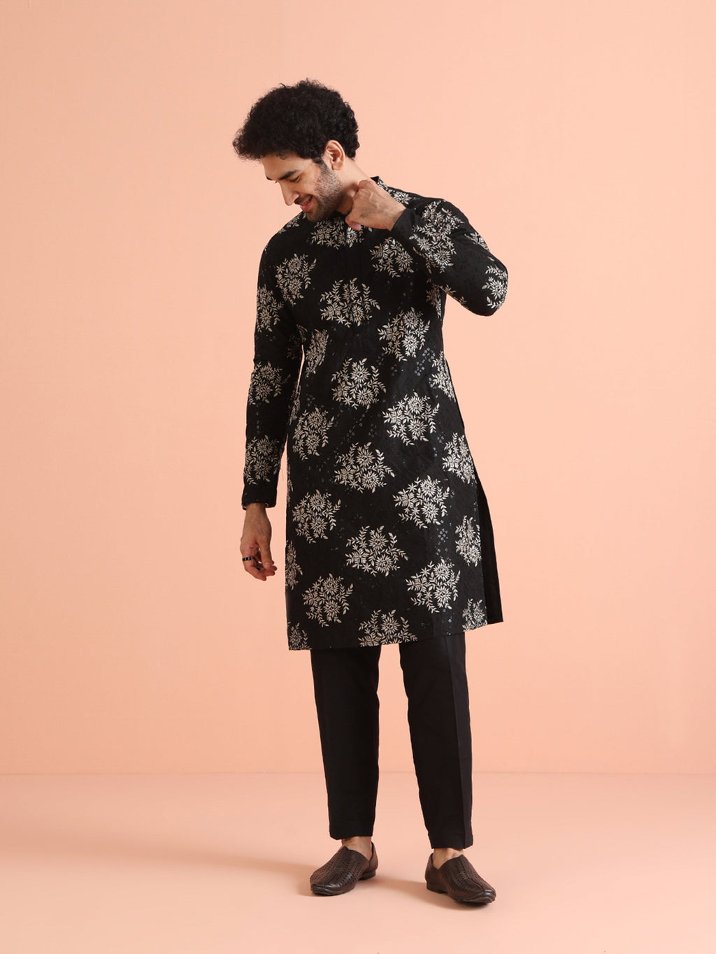 Black Cotton Blend Embroidered Kurta Trouser Set