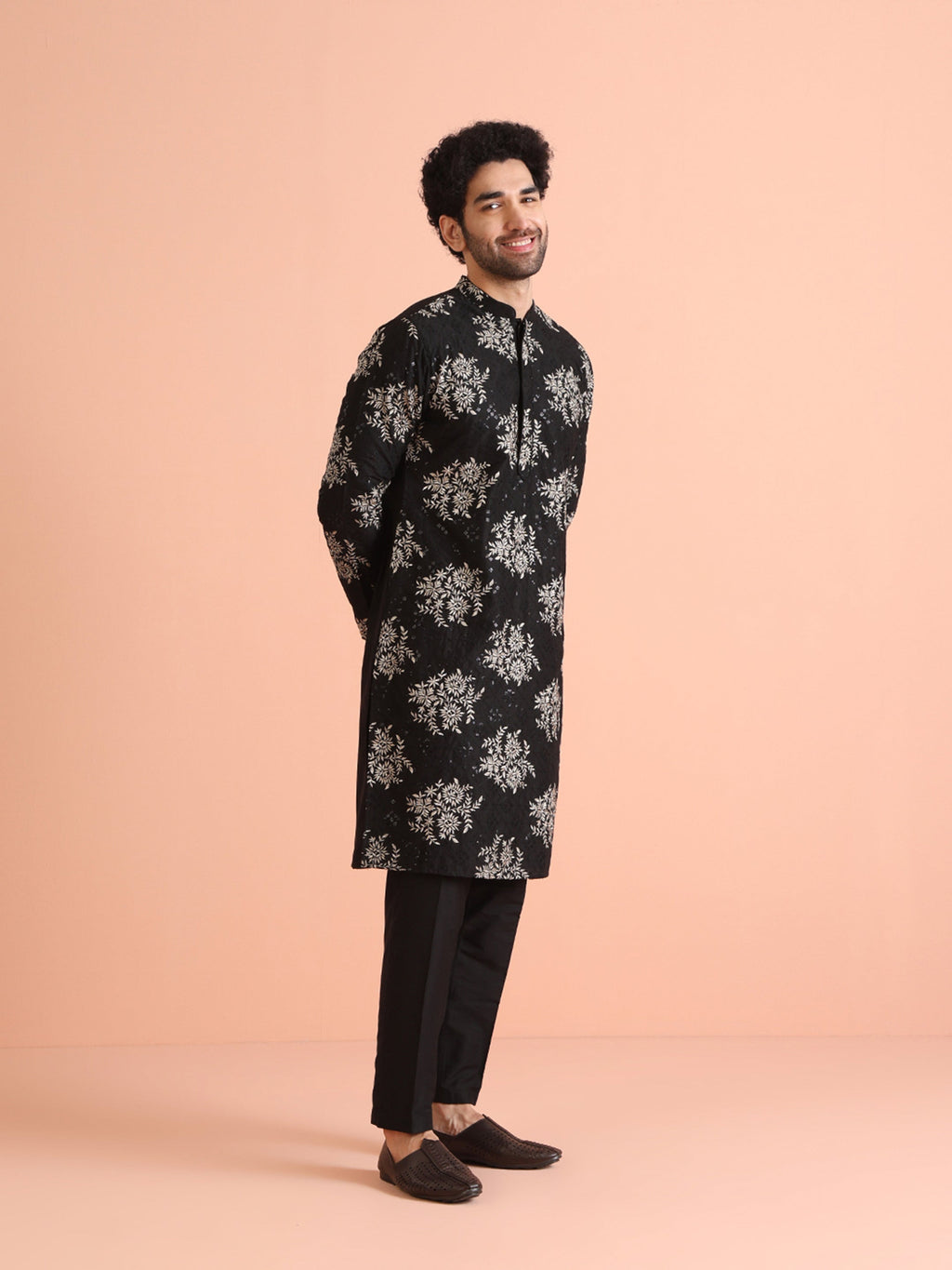 Black Cotton Blend Embroidered Kurta Trouser Set