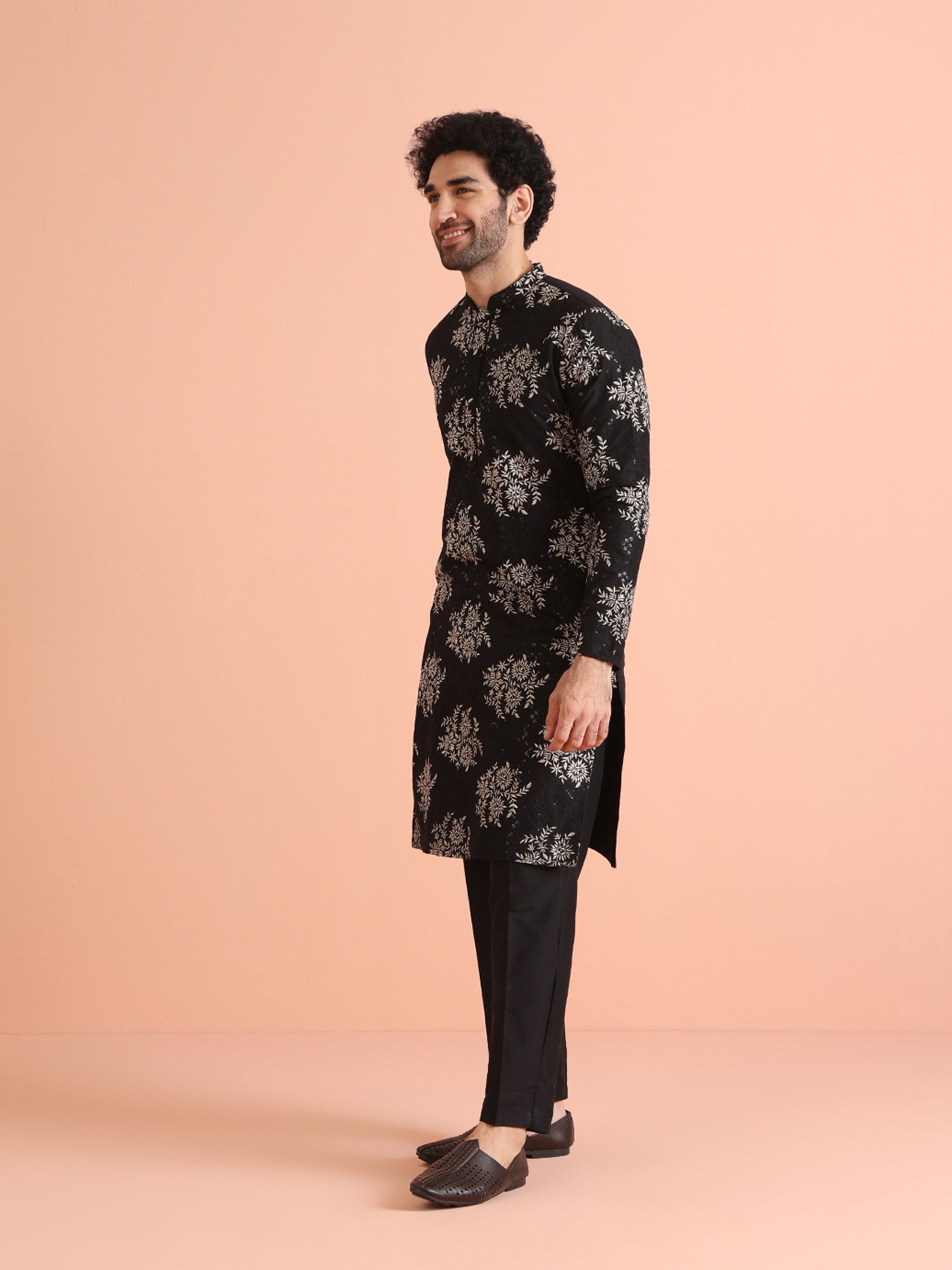 Black Cotton Blend Embroidered Kurta Trouser Set