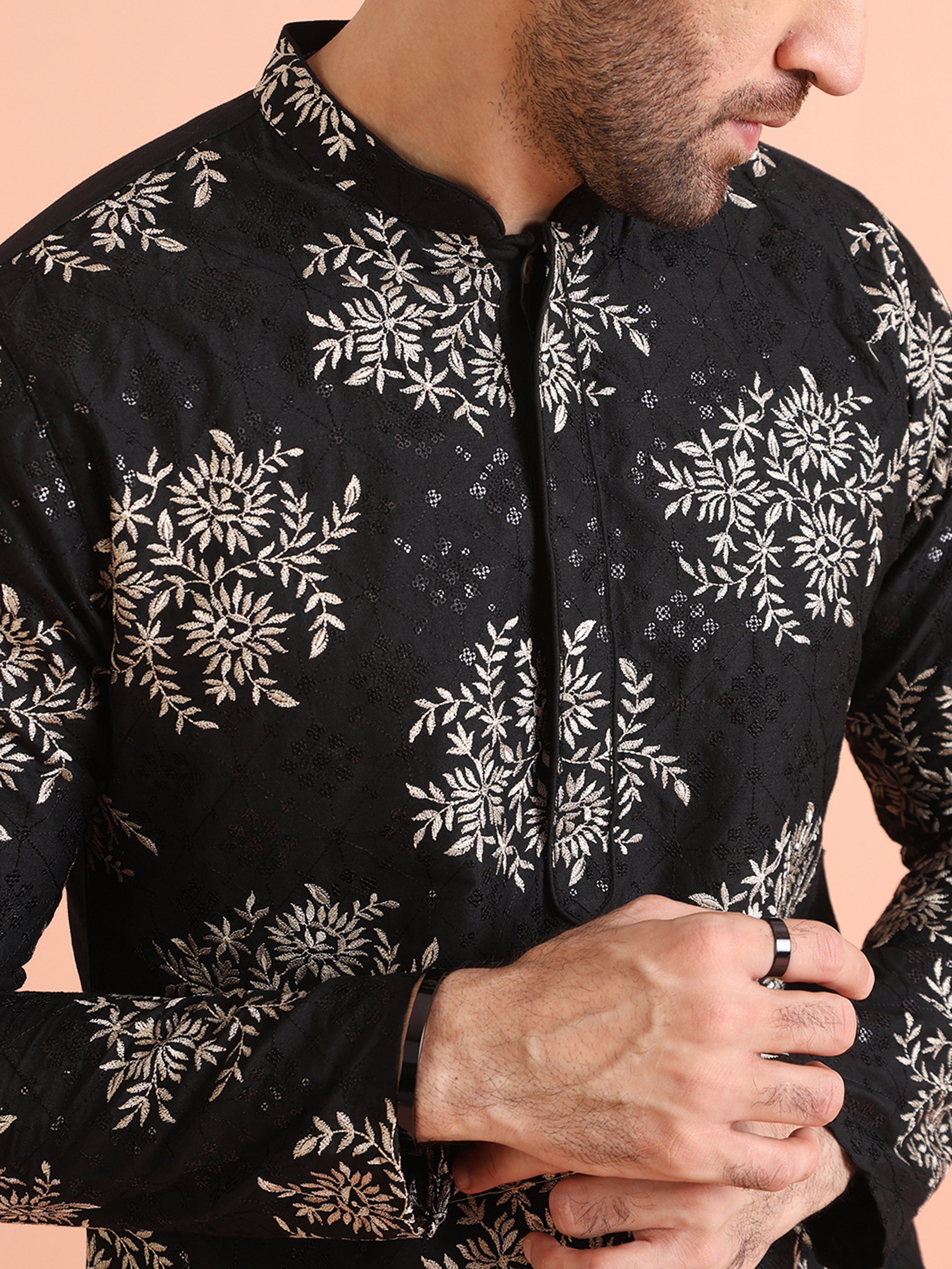 Black Cotton Blend Embroidered Kurta Trouser Set