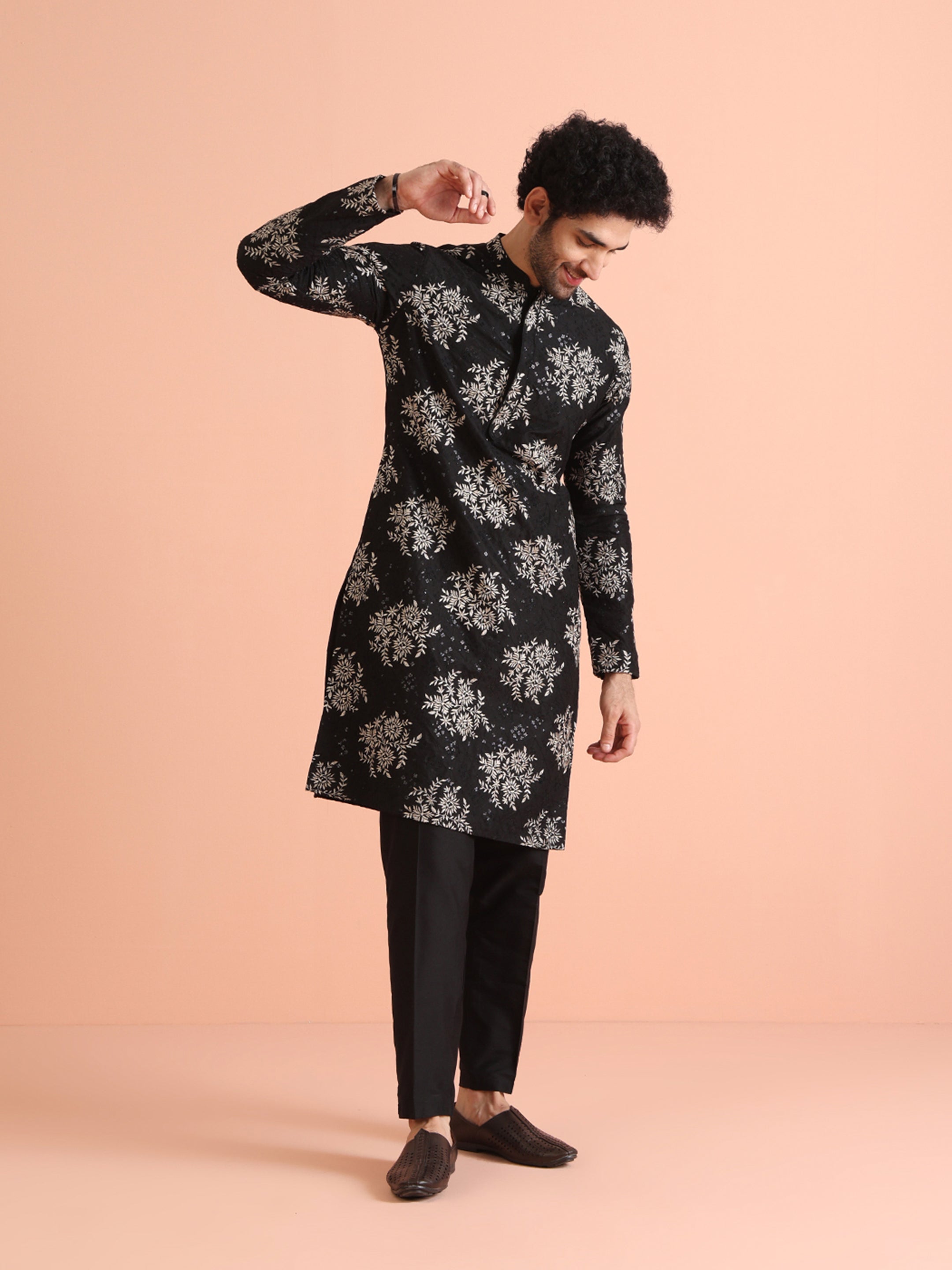 Black Cotton Blend Embroidered Kurta Trouser Set