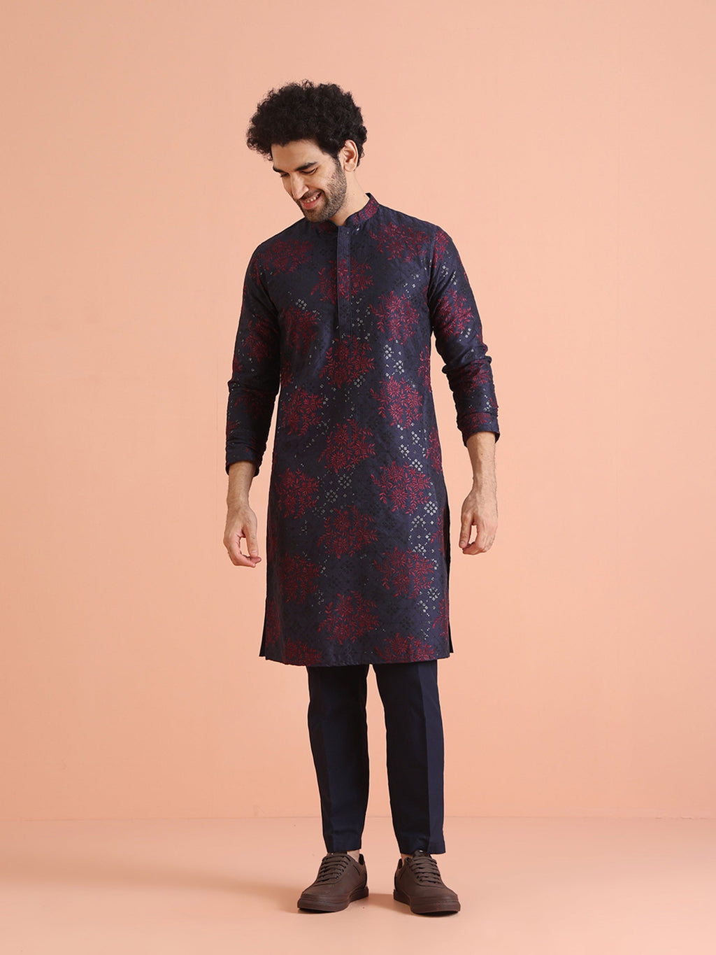 Navy Blue Cotton Blend Embroidered Mid Kurta Trouser Set