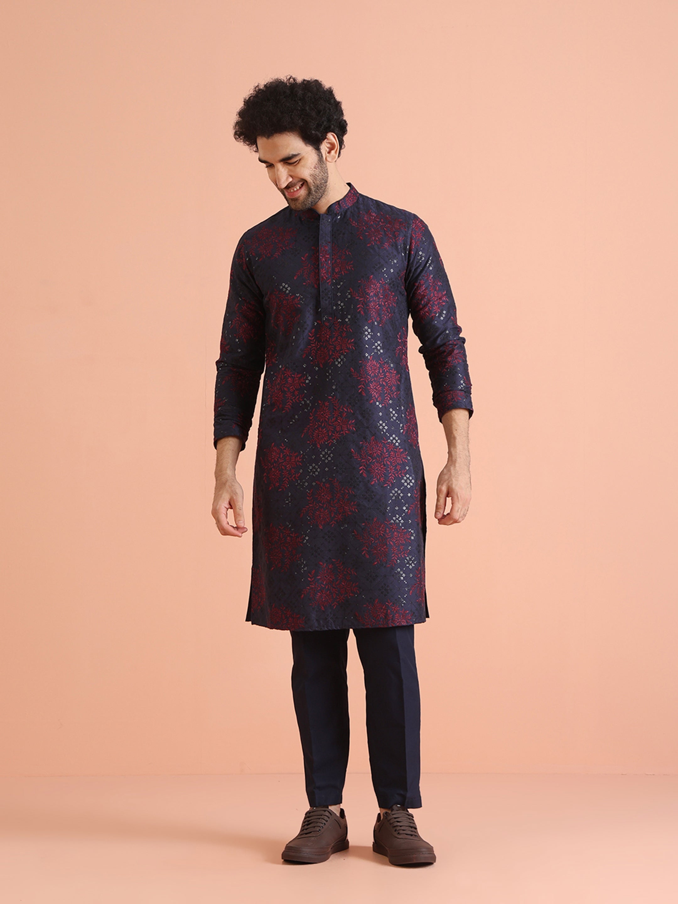 Navy Blue Cotton Blend Embroidered Mid Kurta Trouser Set