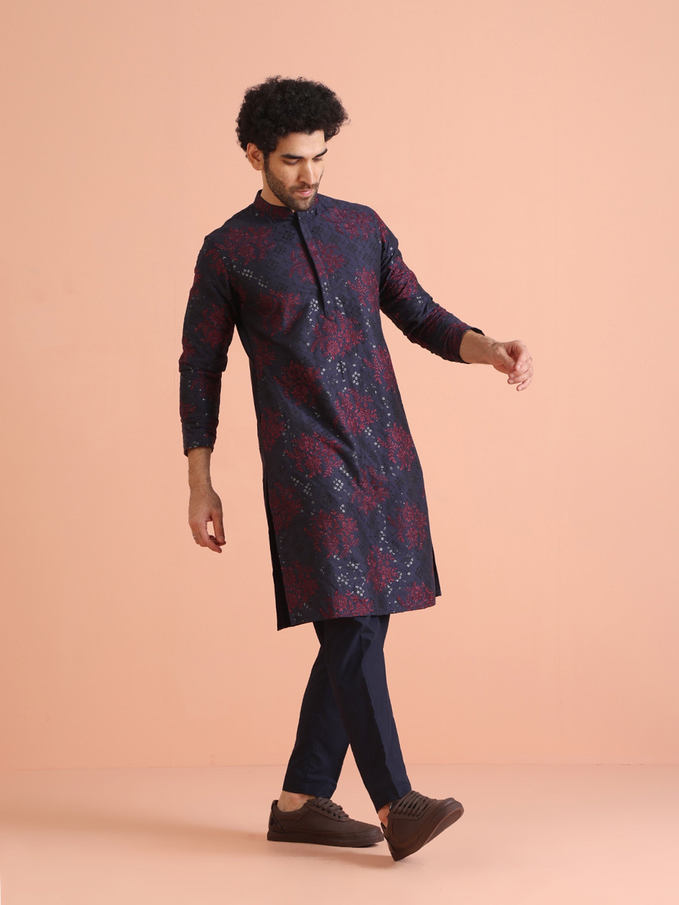 Navy Blue Cotton Blend Embroidered Mid Kurta Trouser Set