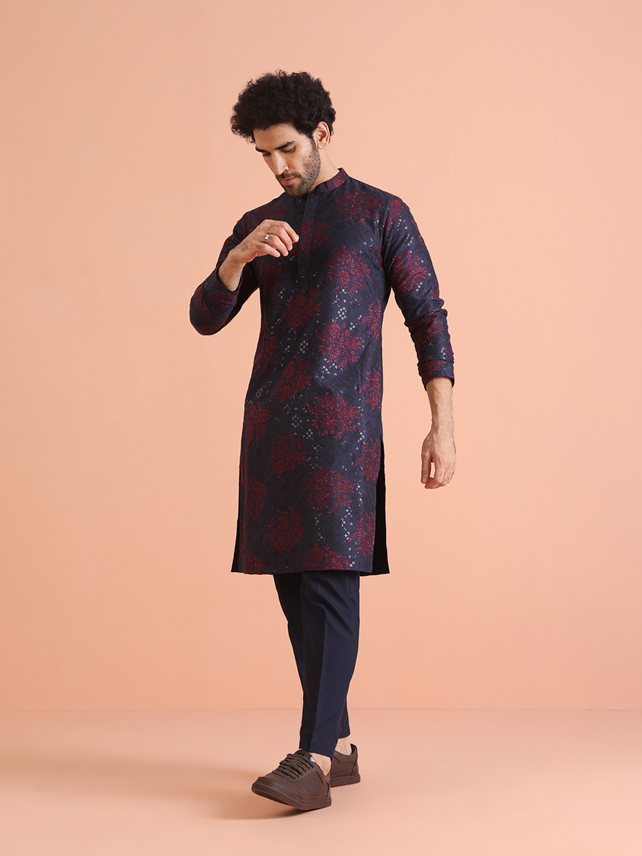 Navy Blue Cotton Blend Embroidered Mid Kurta Trouser Set