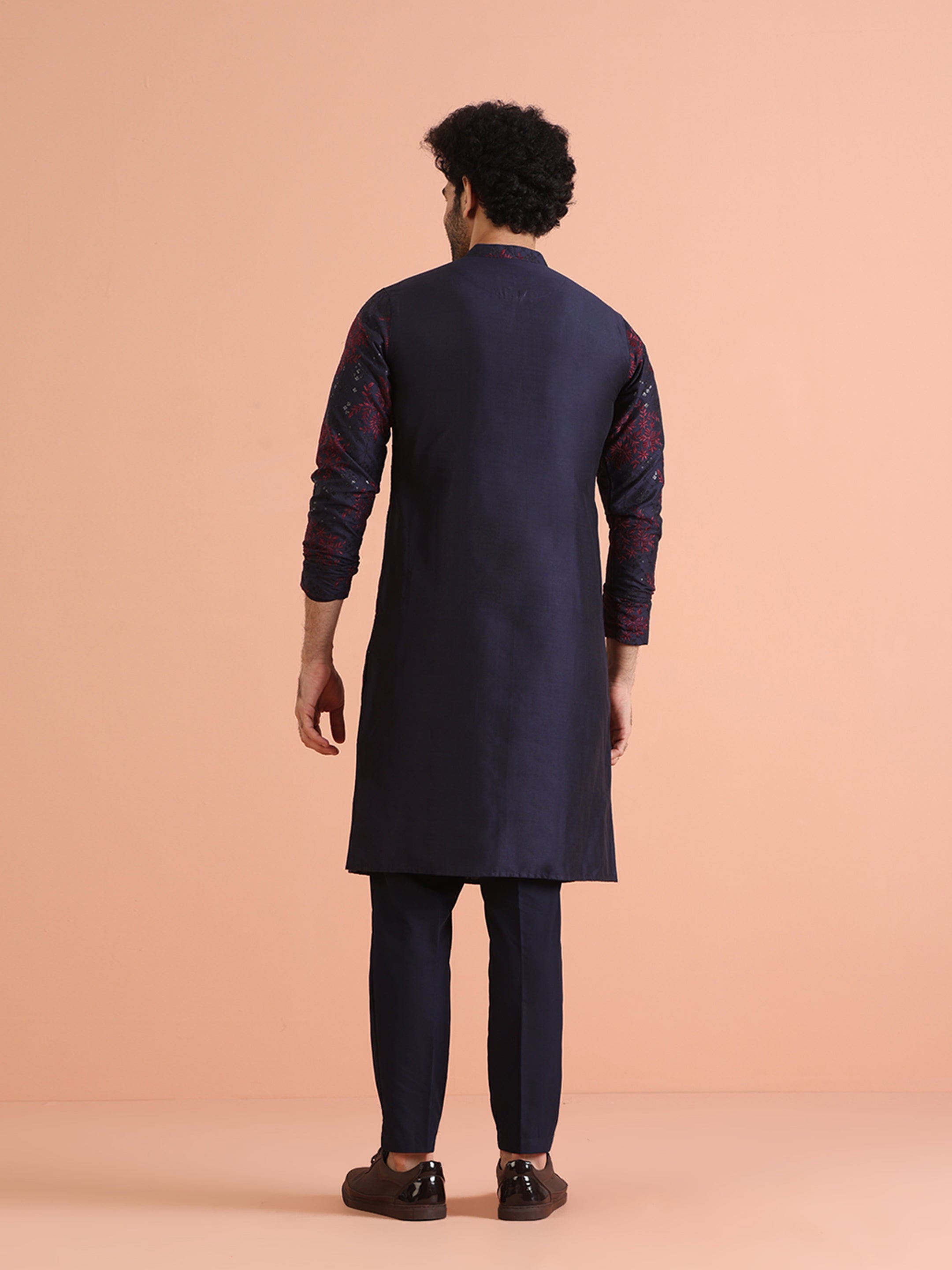Navy Blue Cotton Blend Embroidered Mid Kurta Trouser Set