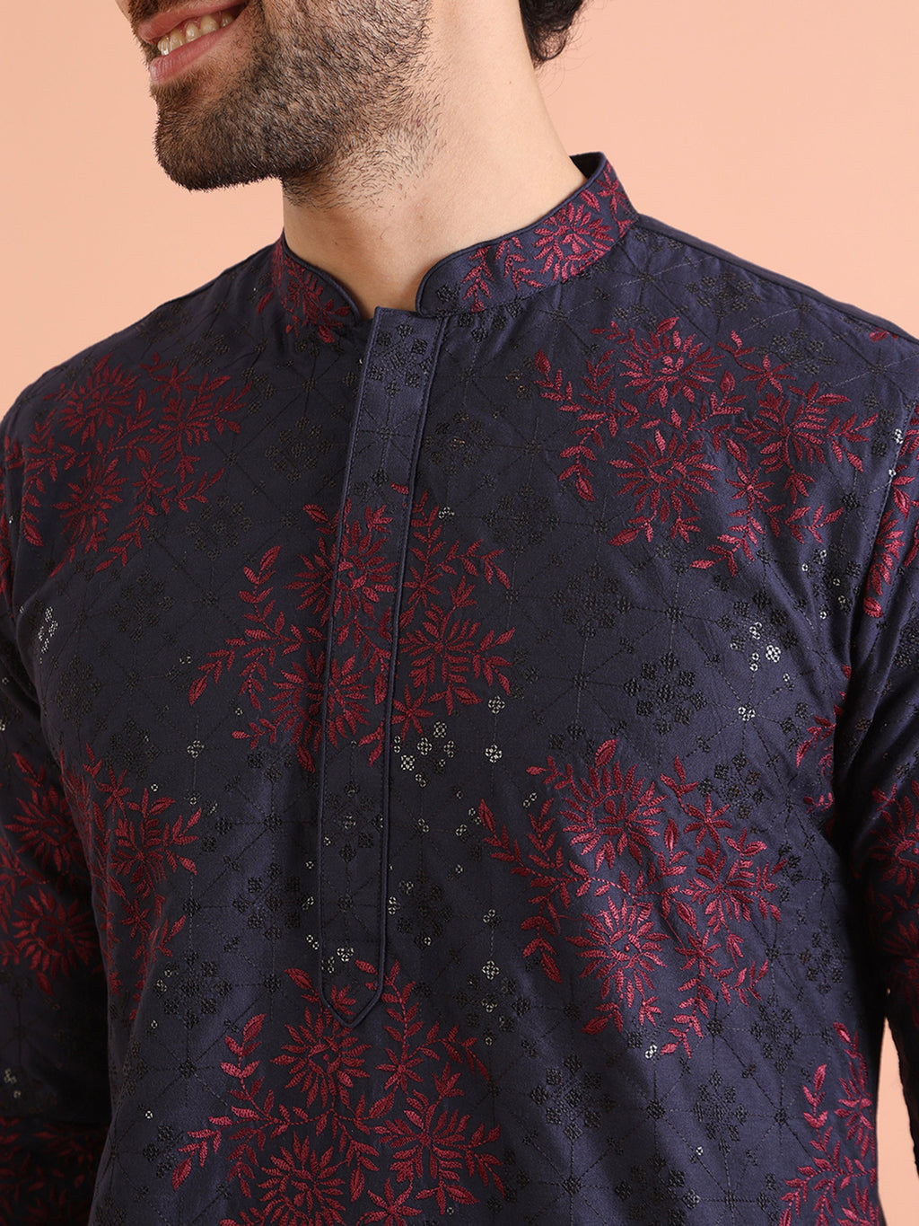 Navy Blue Cotton Blend Embroidered Mid Kurta Trouser Set