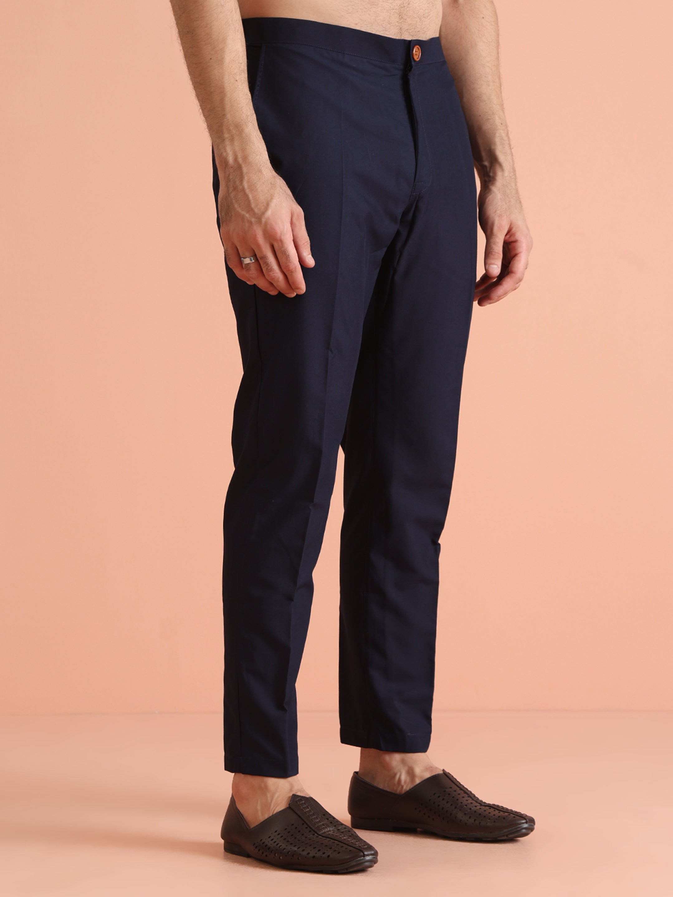 Navy Blue Cotton Blend Embroidered Mid Kurta Trouser Set