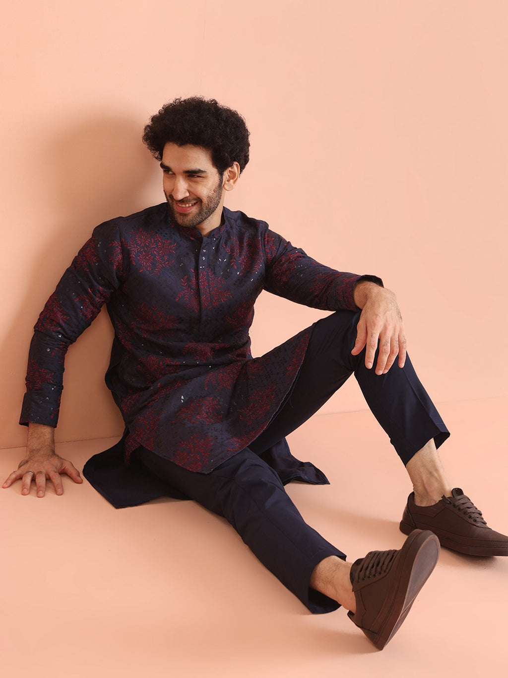 Navy Blue Cotton Blend Embroidered Mid Kurta Trouser Set